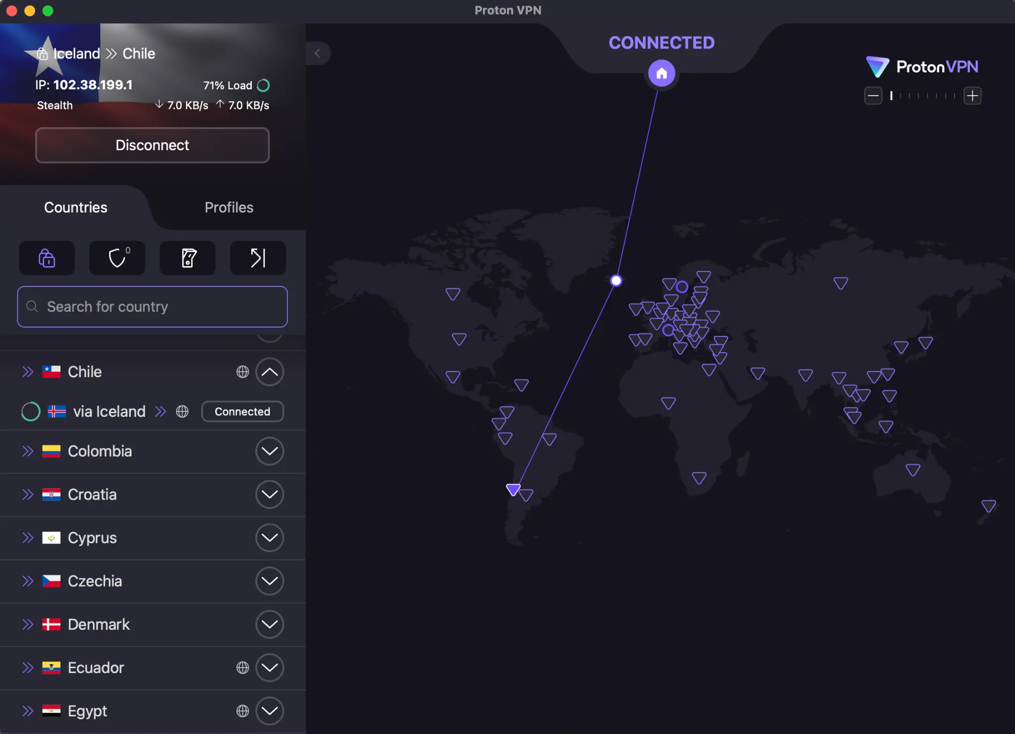 protonvpn-iceland-chile-smart-routing-connected | Venclikovi.com ProtonVPN connected via Iceland to Chile for extra privacy