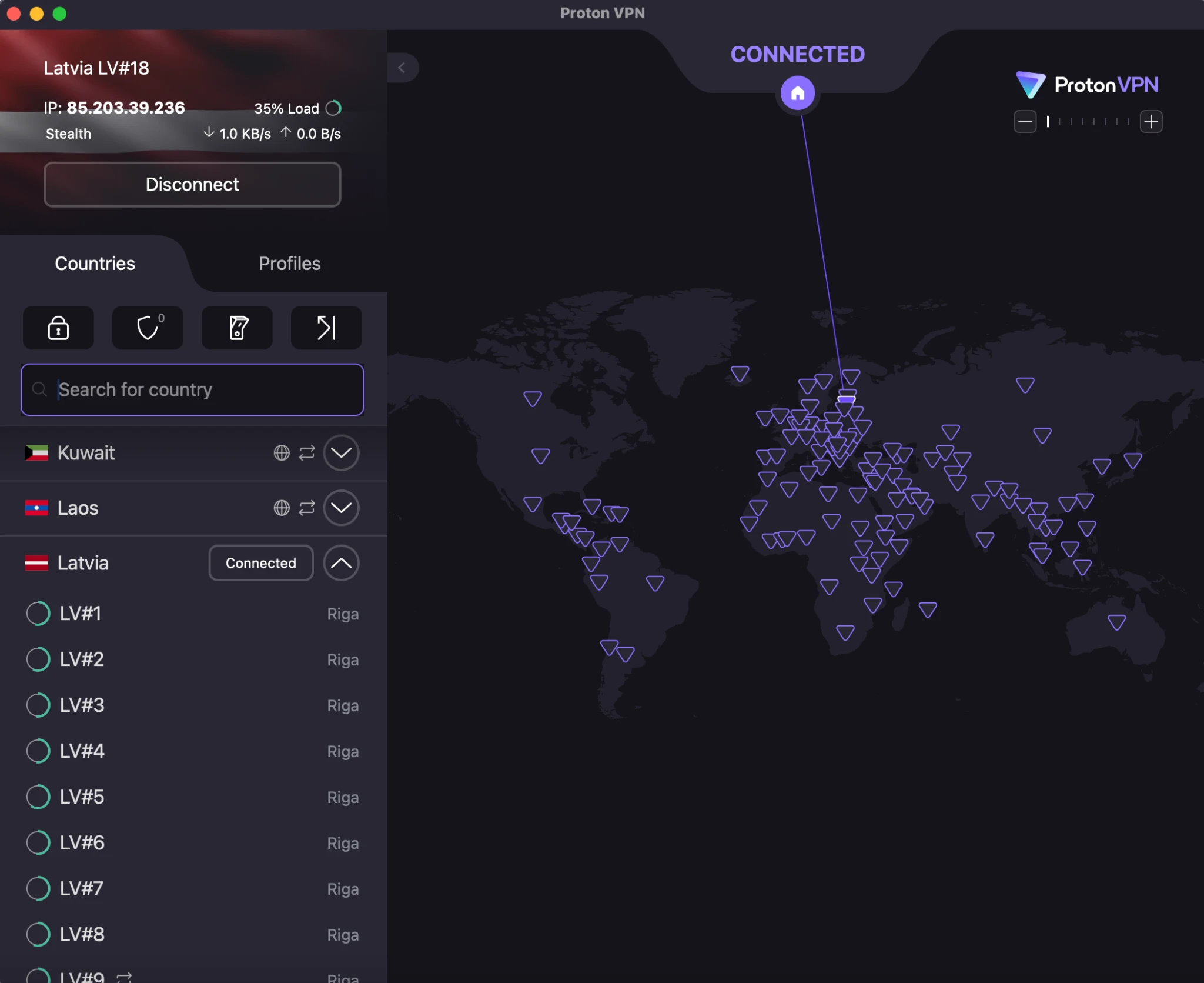 protonvpn-latvia-riga-stealth | Venclikovi.com ProtonVPN app connected to Latvian server LV#18 in Riga with Stealth mode enabled and stable connection performance.