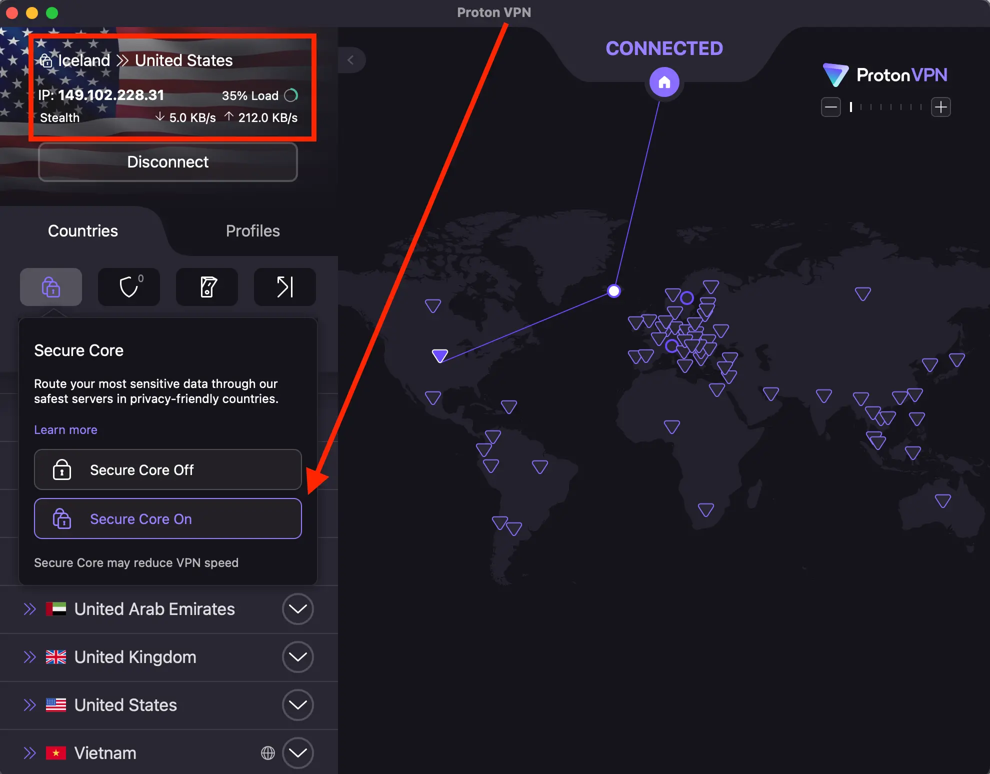 protonvpn-securecore-on-iceland-to-usa-connection | Venclikovi.com Proton VPN Secure Core connection routed through Iceland before reaching the United States