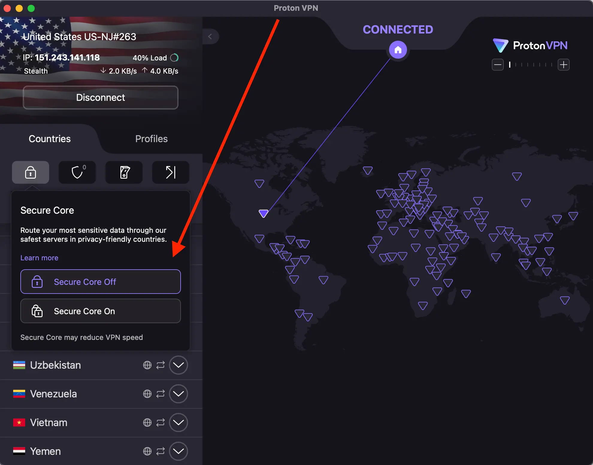 protonvpn-securecore-toggle-interface | Venclikovi.com Secure Core toggle in Proton VPN app interface