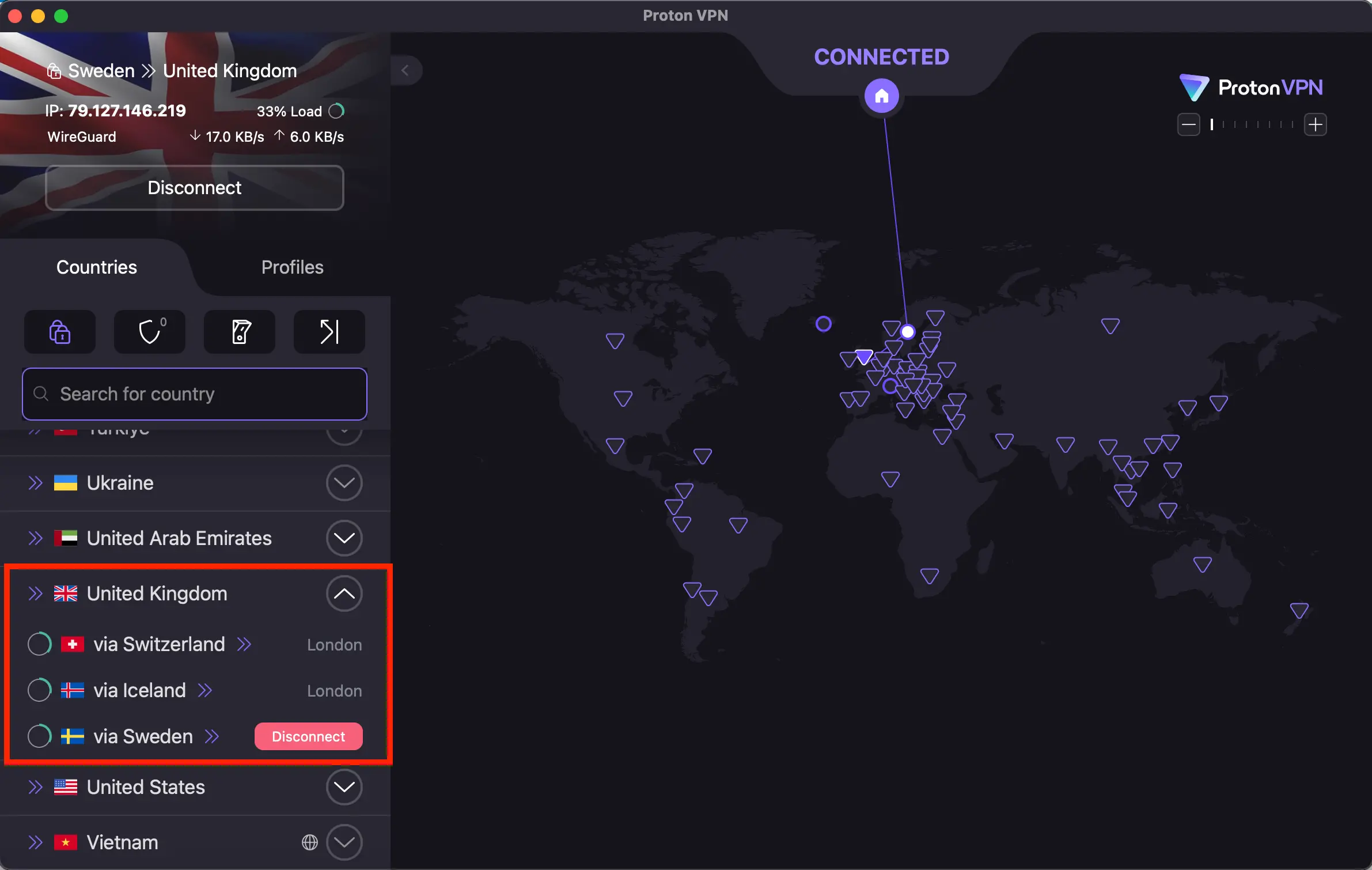 protonvpn_secure_core_connection_sweden_to_uk | Venclikovi.com Screenshot of Proton VPN app showing an active Secure Core connection from Sweden to the United Kingdom, with routing options via Switzerland and Iceland highlighted.