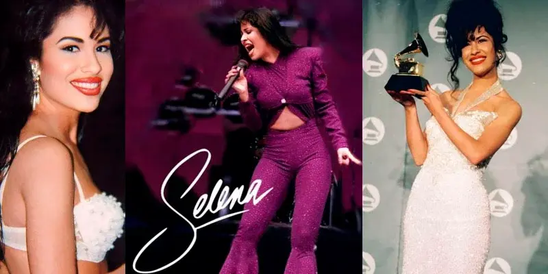 selena-quintanilla-award-winner-grammy-white-dress | Venclikovi.com Collage of Selena Quintanilla: smiling in her signature white outfit, performing in her sparkling purple jumpsuit, and celebrating her Grammy win in an elegant white dress.
