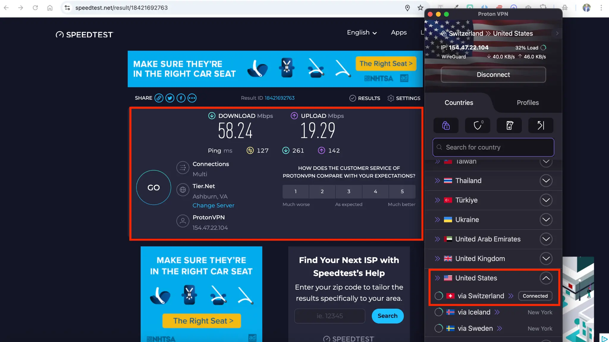 speedtest-protonvpn-securecore | Venclikovi.com Speed test results comparing Proton VPN standard connection and Secure Core connection.
