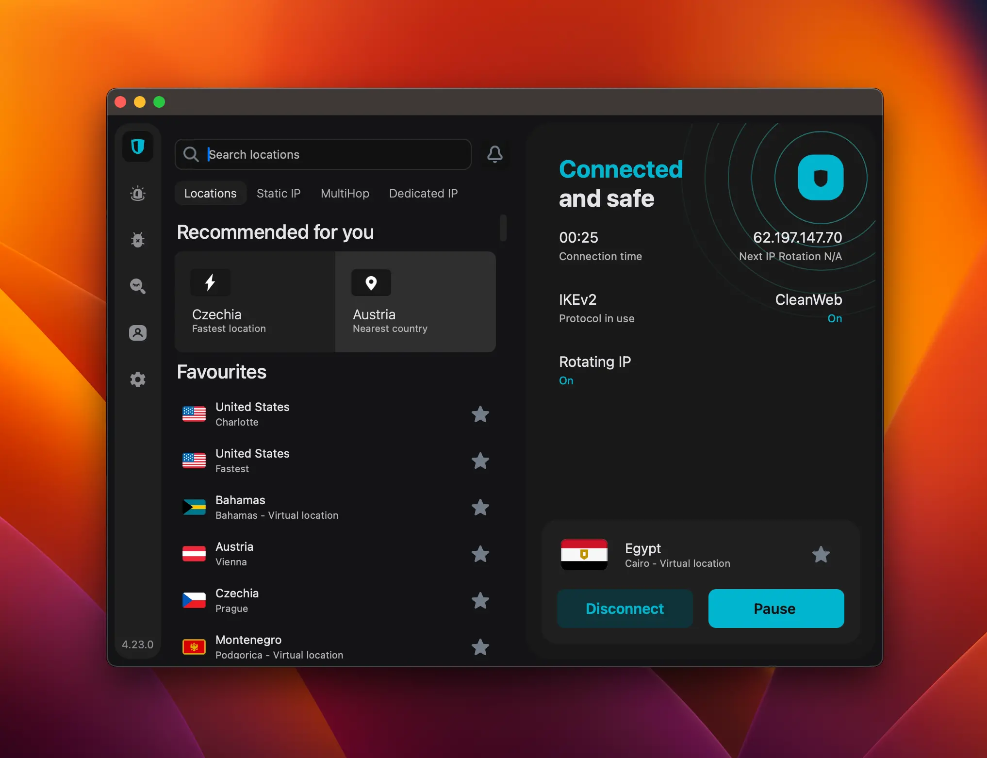 surfshark-egypt-connected-cairo-vpn-mac-interface | Venclikovi.com Surfshark VPN Mac app connected to Cairo Egypt server with CleanWeb active