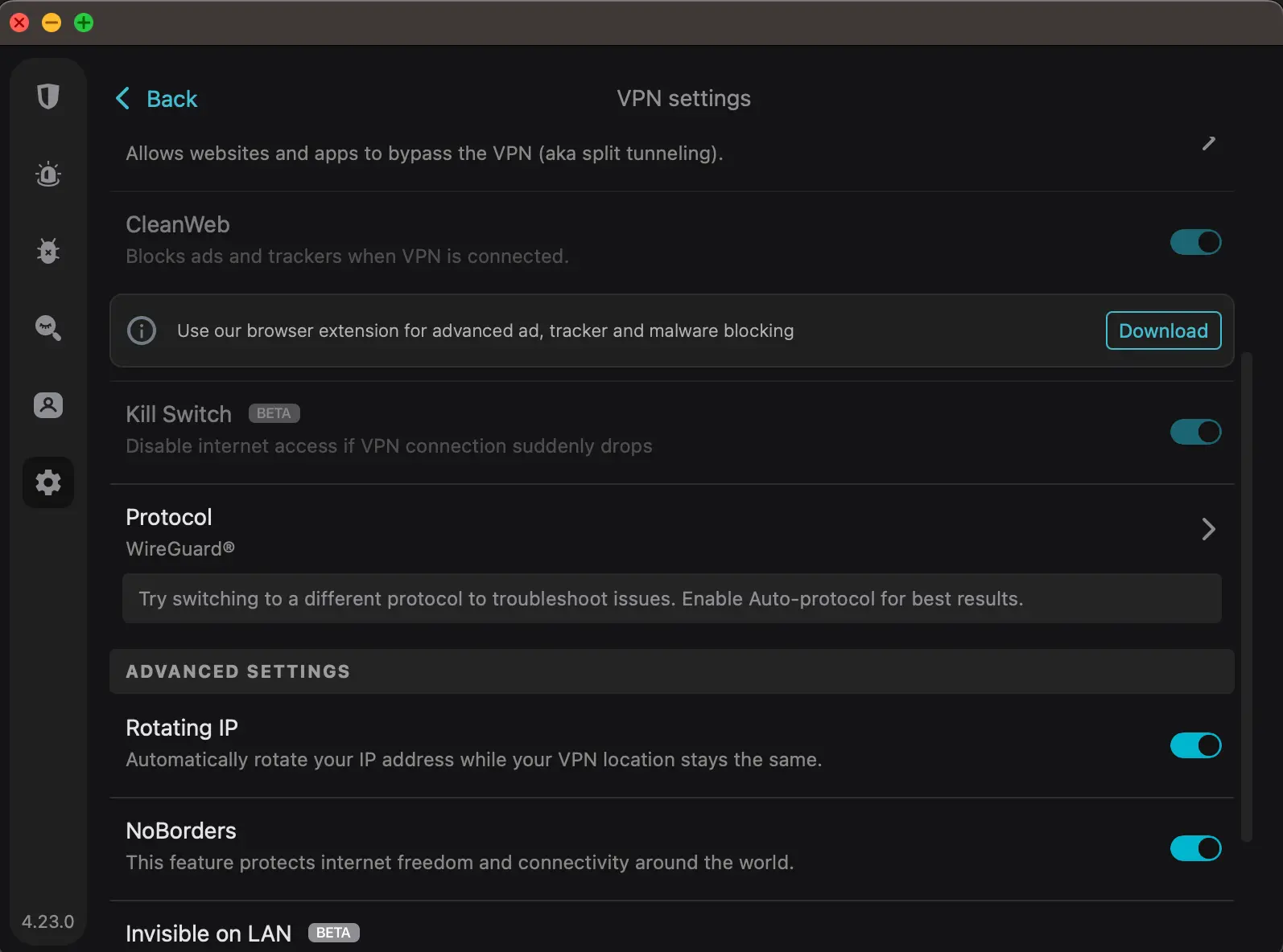 surfshark-egypt-mac-app-settings-cleanweb-killswitch | Venclikovi.com Surfshark VPN Mac app showing CleanWeb, Kill Switch, and WireGuard enabled for secure browsing in Egypt
