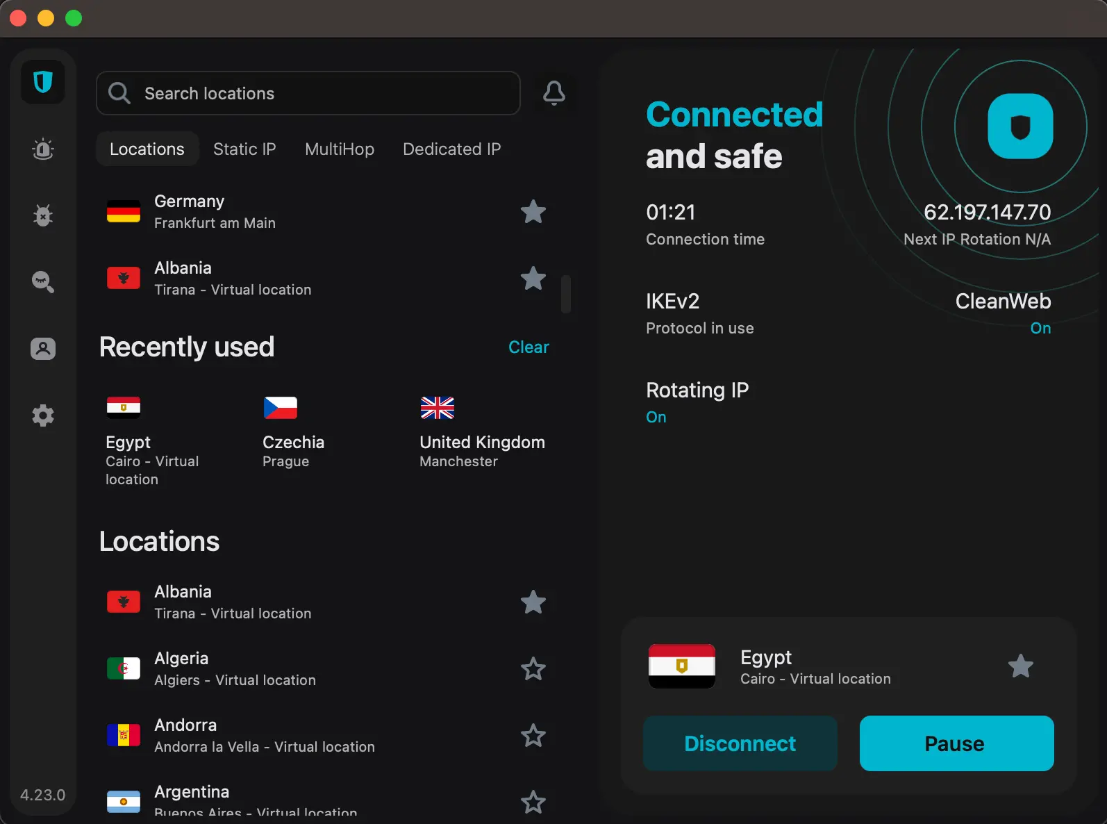 surfshark-egypt-server-list-connected-cairo-vpn-app | Venclikovi.com Surfshark VPN app connected to Cairo, Egypt virtual location with active CleanWeb and rotating IP