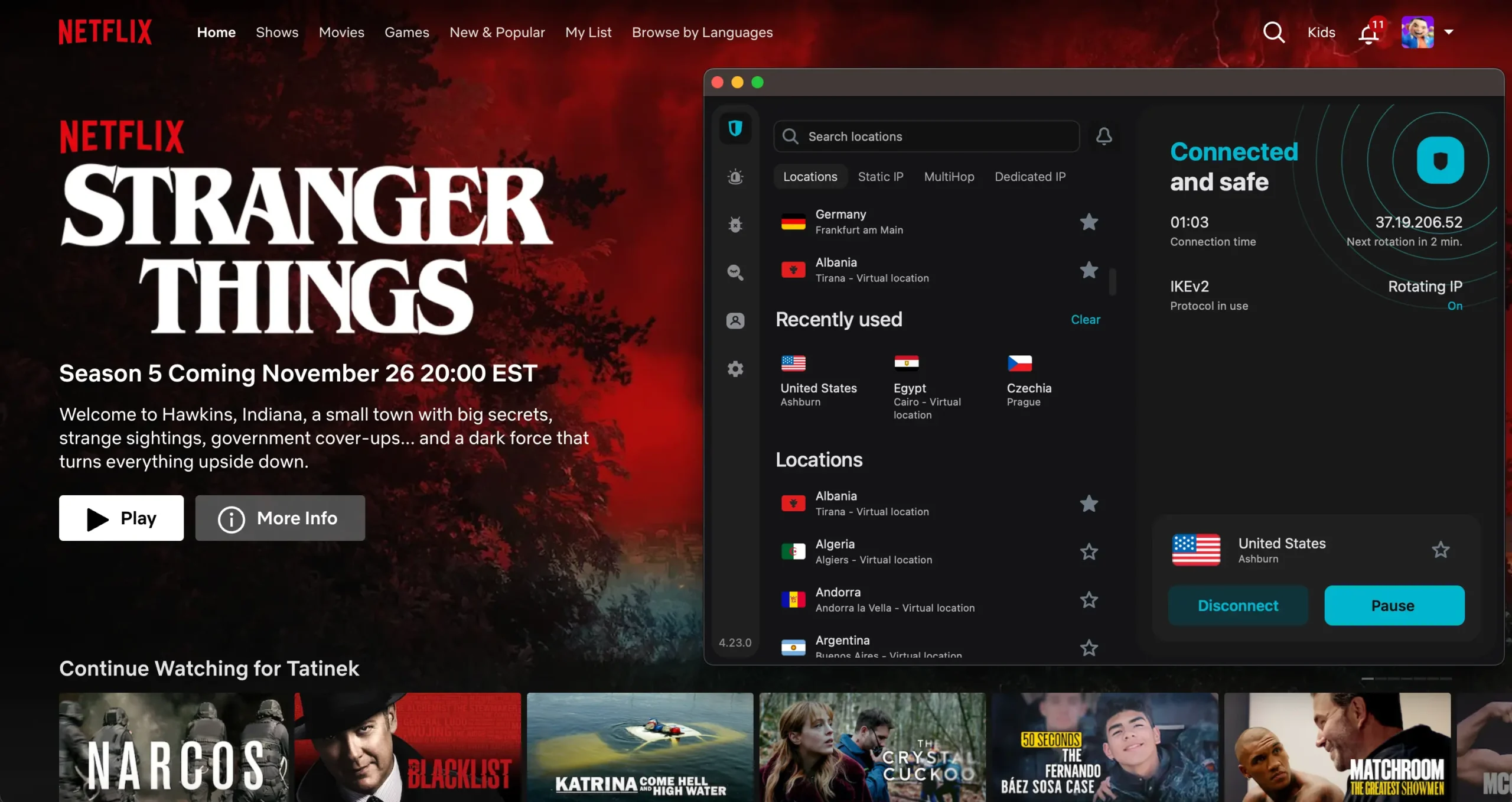 surfshark-us-netflix-working-stranger-things-vpn-test | Venclikovi.com Surfshark VPN connected to US server while streaming Stranger Things on Netflix from Egypt