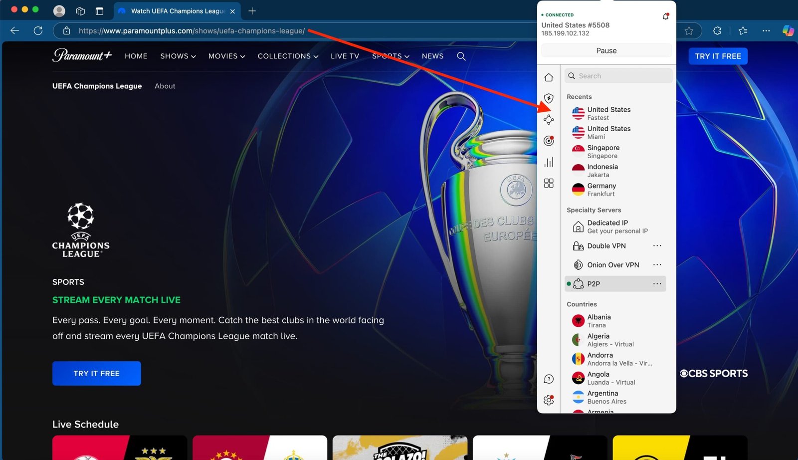 watch-ucl-paramountplus-nordvpn-usa | Venclikovi.com Screenshot of Paramount+ streaming UEFA Champions League live while connected to a US server via NordVPN.