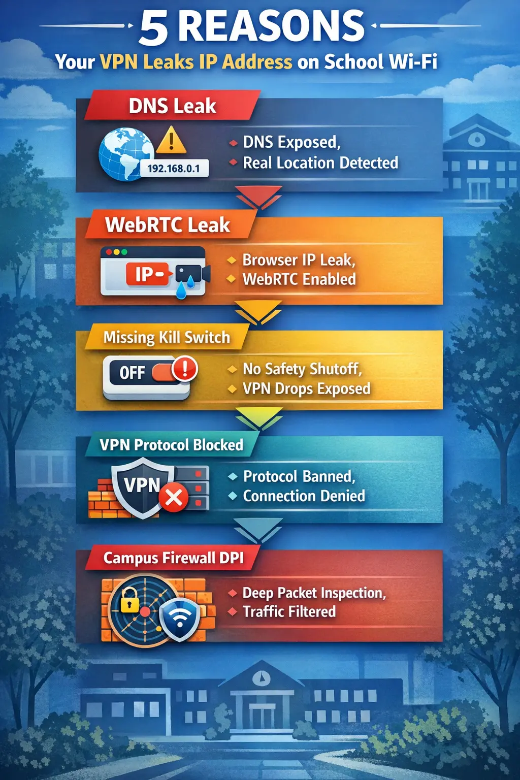 5-reasons-vpn-leaks-ip-on-campus-wifi | Venclikovi.com Common VPN issues on university Wi-Fi including DNS leaks, WebRTC leaks, blocked VPN protocols, missing kill switch, and campus firewall DPI.