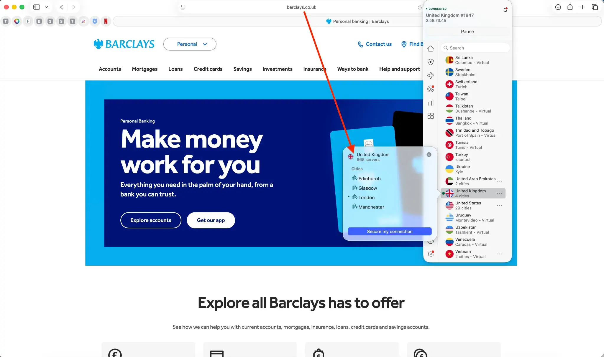 Barclays_NordVPN | Venclikovi.com NordVPN connected to a UK server while accessing Barclays.co.uk, enabling secure login to British banking apps abroad