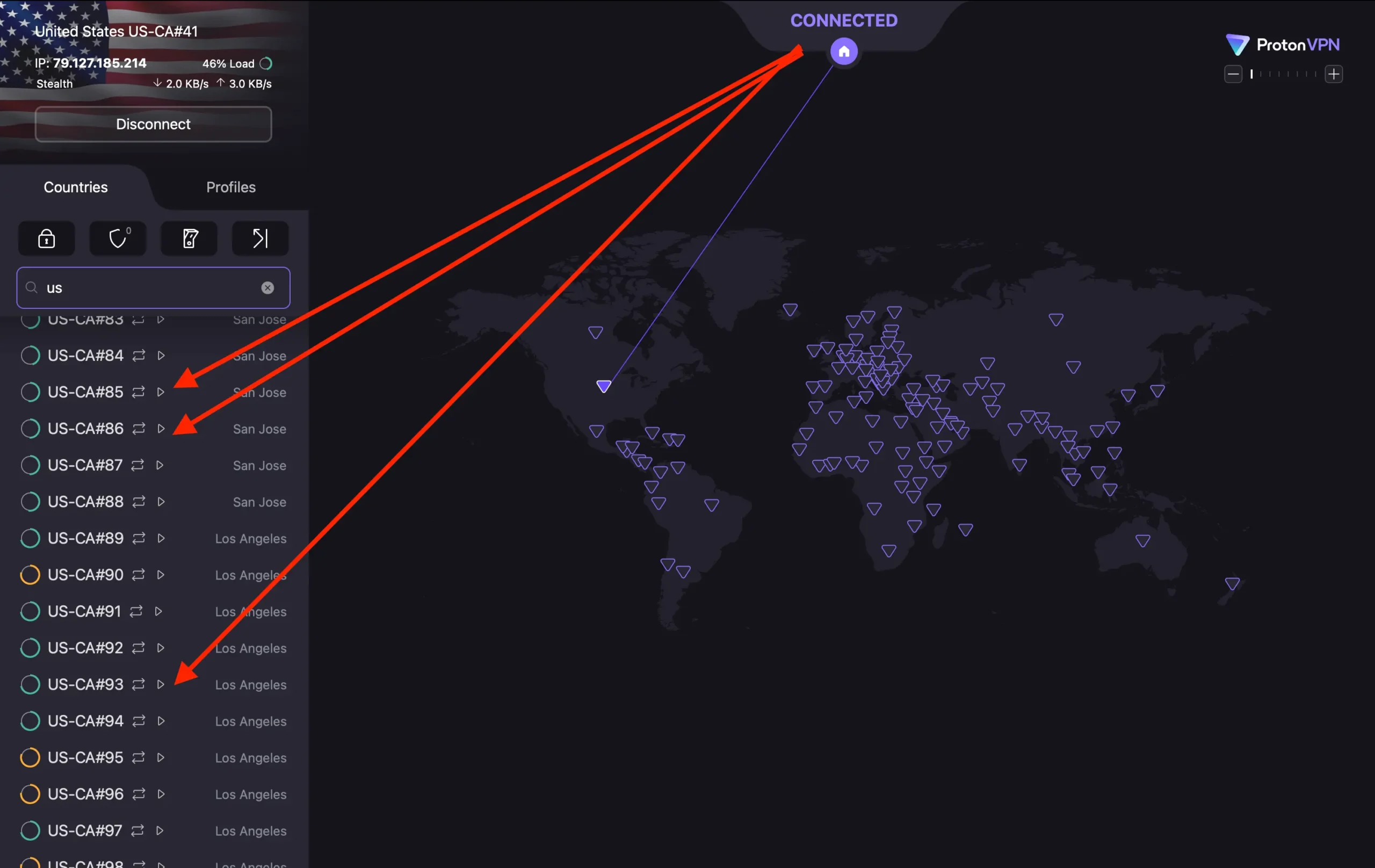 Change other servers US | Venclikovi.com ProtonVPN dashboard showing multiple US servers with arrows highlighting alternative locations to switch for better streaming access.