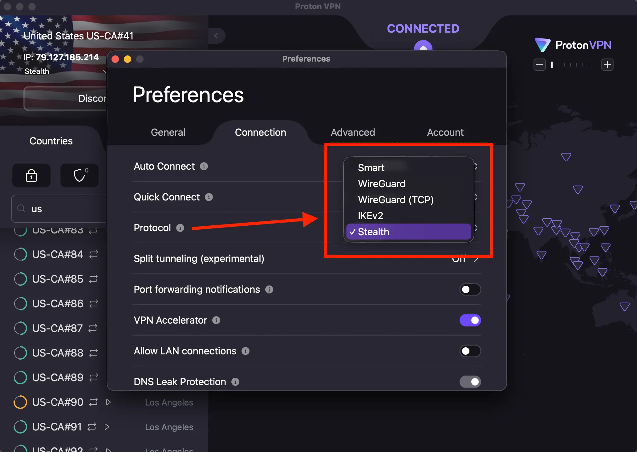 Change protocol ProtonVPN | Venclikovi.com ProtonVPN settings panel with the protocol menu open and Stealth mode selected for bypassing streaming blocks.