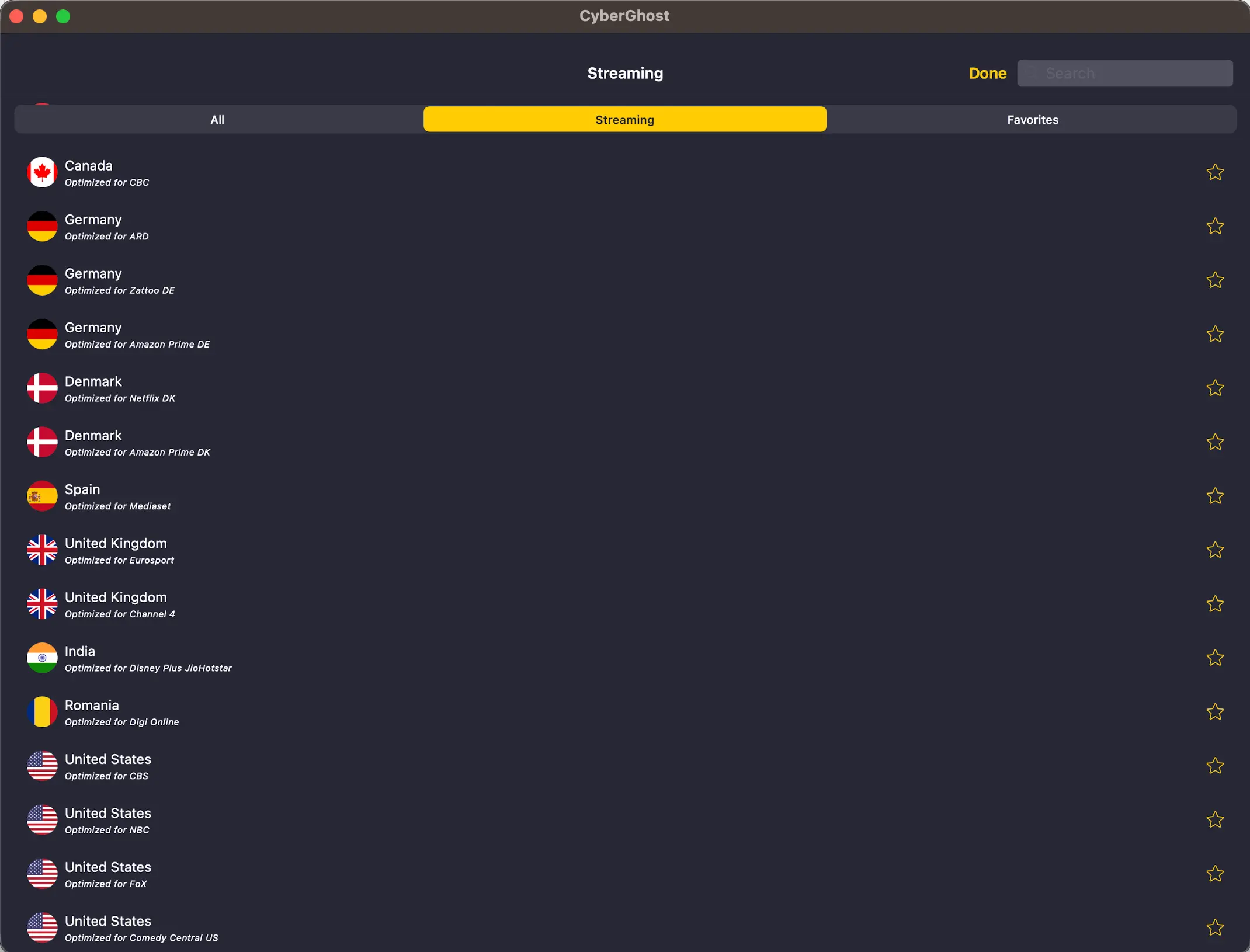 CyberGhost Streaming servers | Venclikovi.com CyberGhost VPN streaming server list showing optimized servers for platforms like Netflix DK, Eurosport, Fox, Channel 4, Disney+ Hotstar, and more