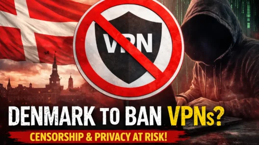 Illustration showing Denmark’s flag, a crossed-out VPN shield, and a hooded figure at a laptop, symbolizing Denmark’s proposed VPN ban and the growing threat to online privacy and internet freedom.