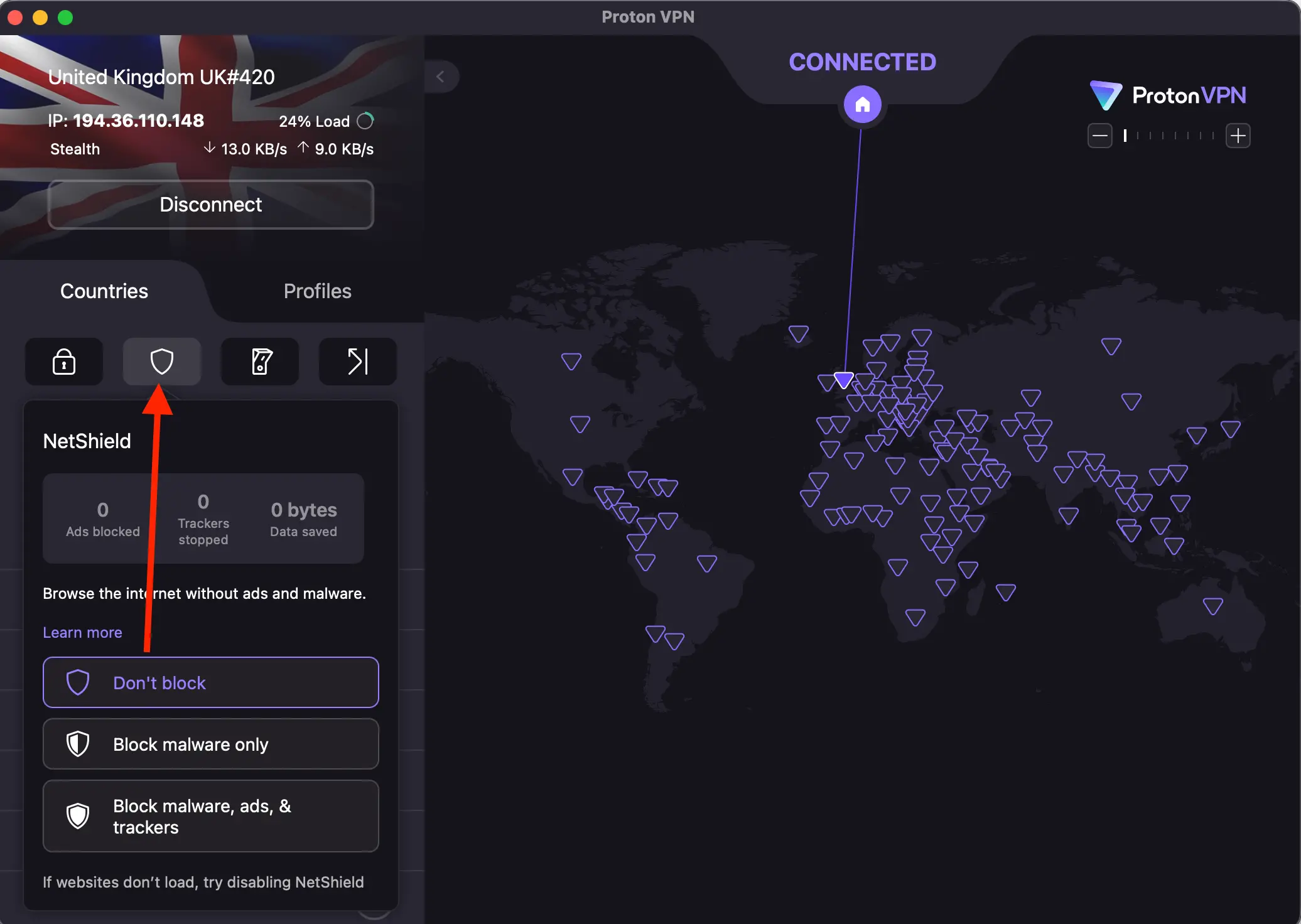 Disable Netshield Proton | Venclikovi.com ProtonVPN interface displaying the NetShield options with an arrow pointing to the ad and tracker blocking menu.