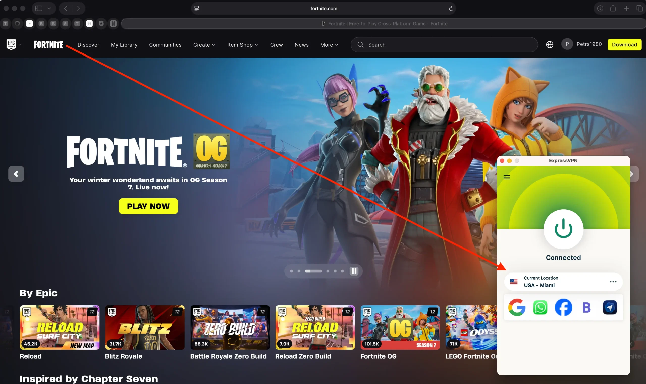 ExpressVPN fortnite | Venclikovi.com Fortnite website opened with ExpressVPN connected to a US server