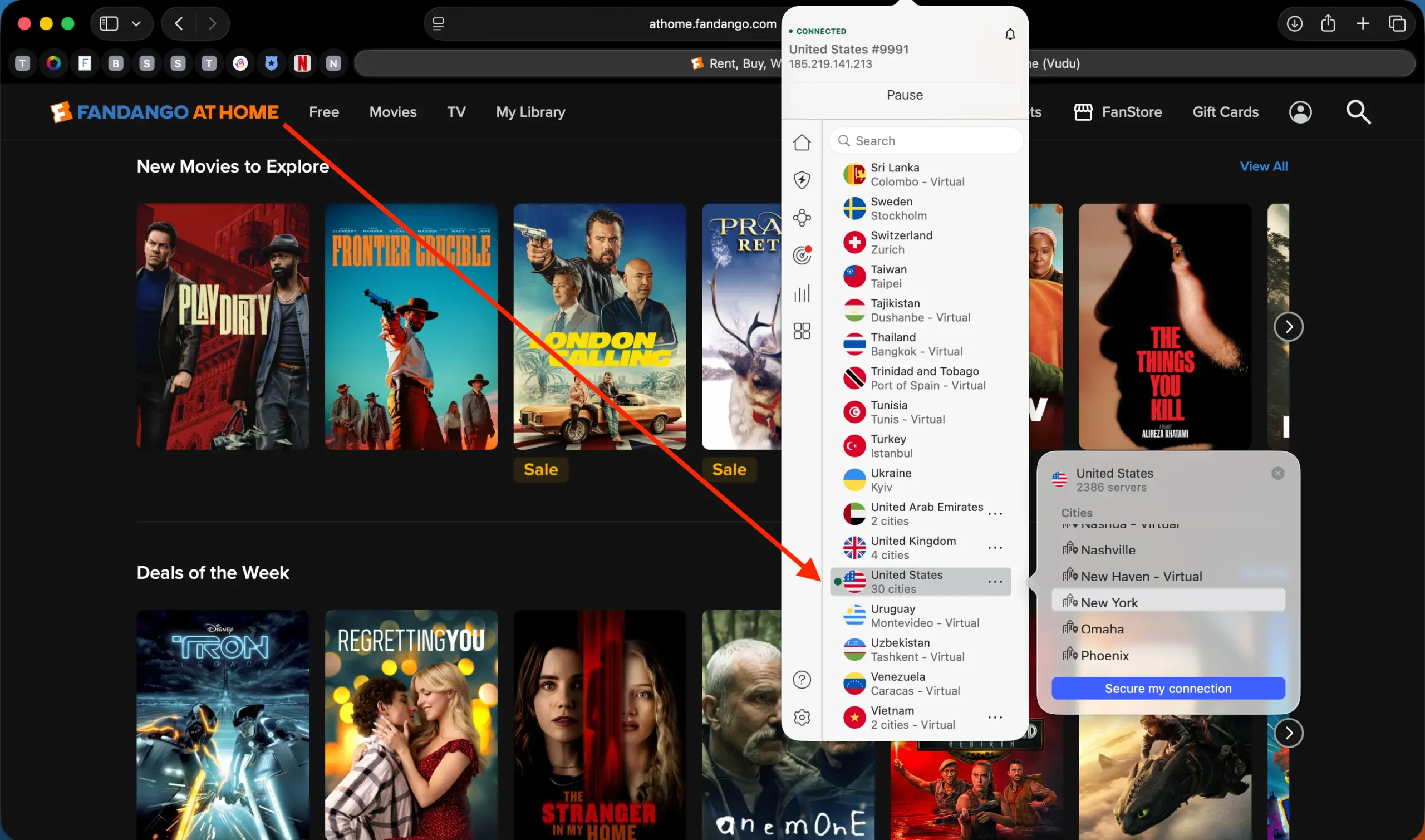 Fandango at Home with NordVPN | Venclikovi.com Fandango at Home streaming catalog visible via NordVPN with New York server active