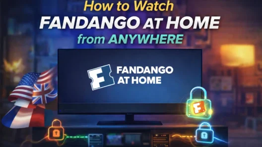 Watching Fandango at Home on a TV with visual elements representing location blocks and access from outside the US.