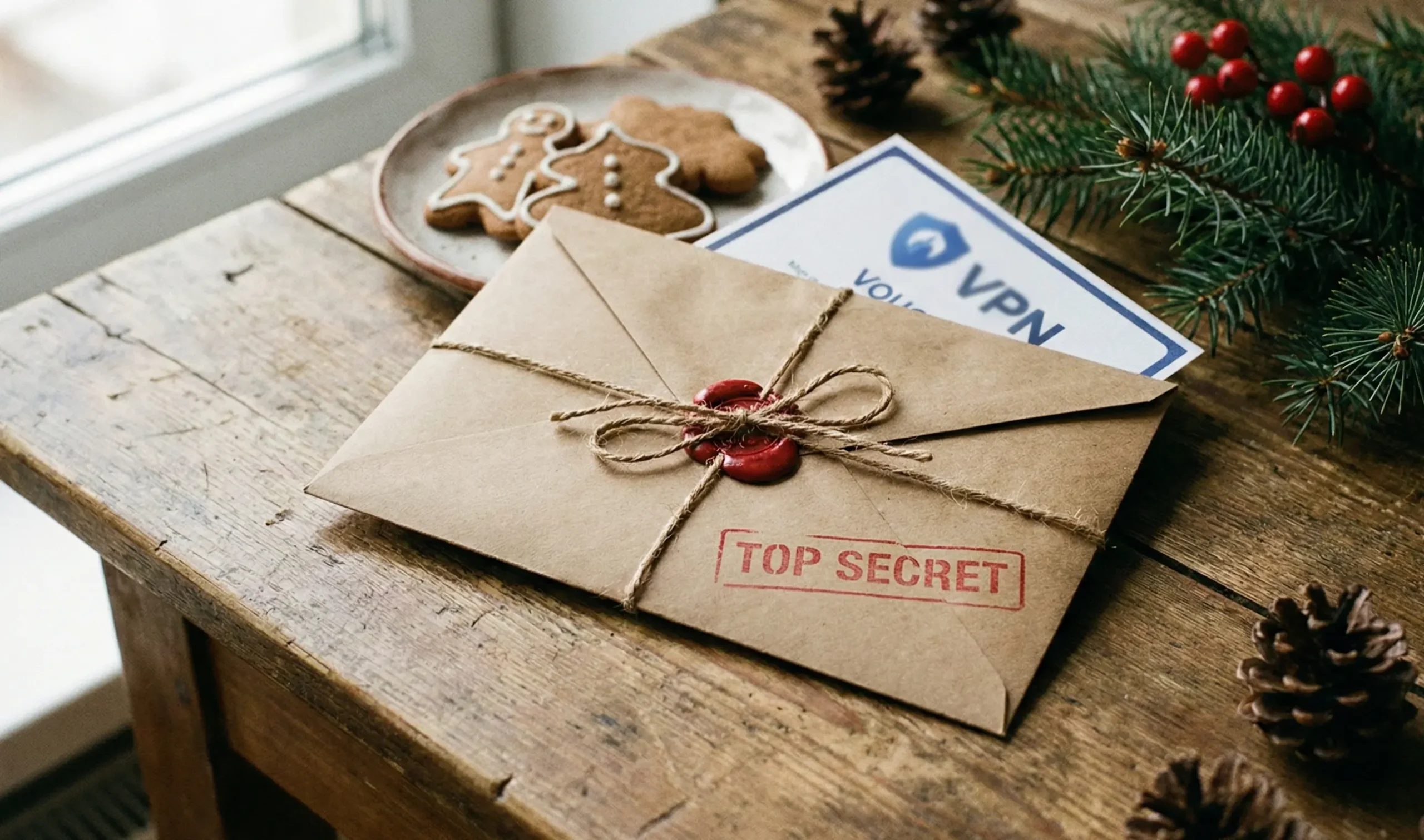 GIFT VPN for Christmas 2025 | Venclikovi.com Handmade 'Top Secret' envelope on a wooden table with Christmas cookies, containing a printed VPN subscription voucher as a creative last-minute gift idea.