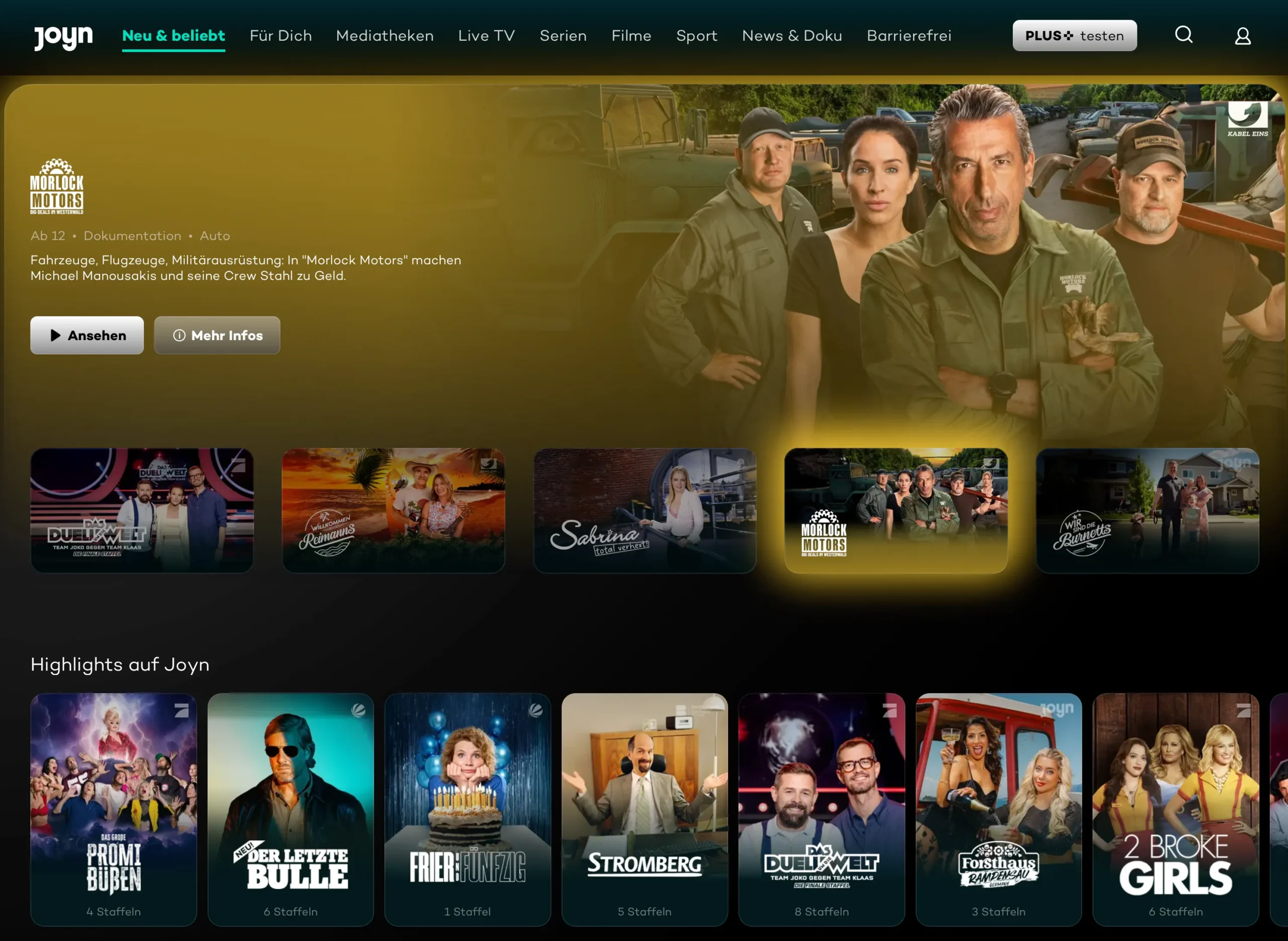 JOYNde | Venclikovi.com Joyn.de streaming interface showing German shows like Morlock Motors, Das Duell um die Welt, Der letzte Bulle, and 2 Broke Girls