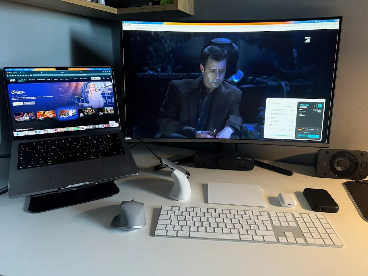 Joyn live TV running on a MacBook and external monitor | Venclikovi.com Joyn.de live TV streaming on a MacBook and external monitor with Surfshark VPN connected