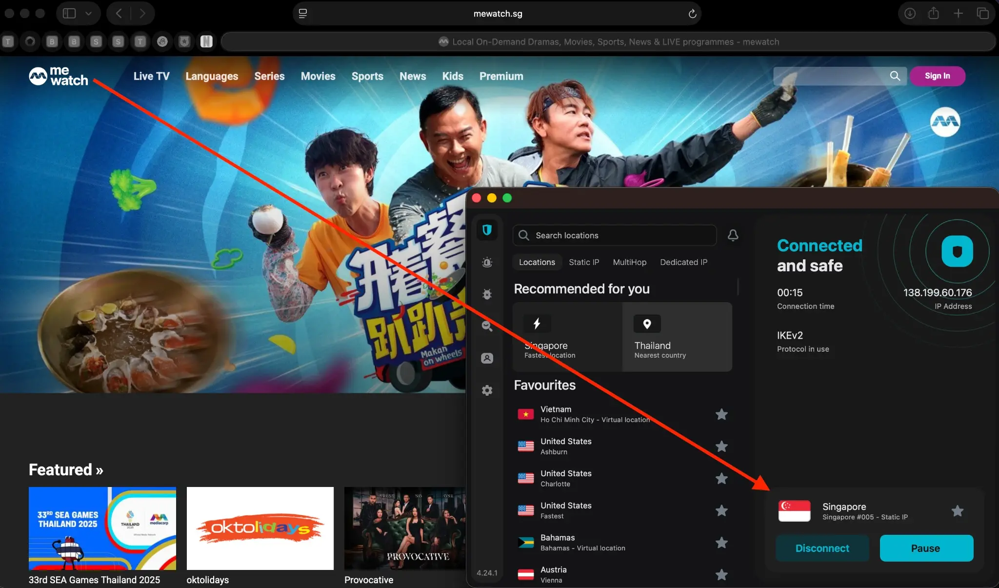 Mewatch_Singapore_Surfshark_Singapore | Venclikovi.com Mewatch platform accessed using Surfshark VPN connected to Singapore