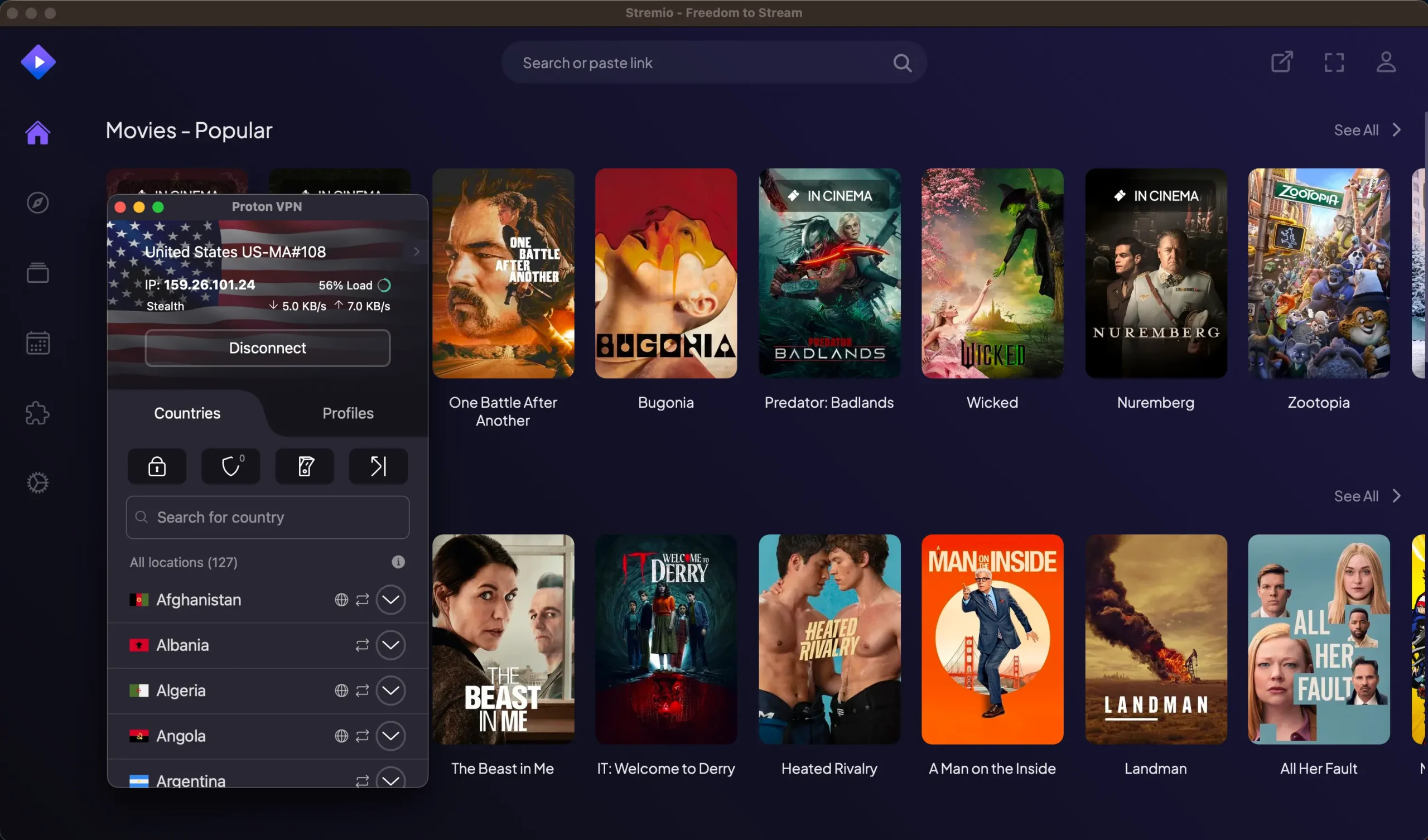 My Original Setup - ProtonVPN + Stremio on Mac | Venclikovi.com Screenshot showing ProtonVPN connected to a US server and Stremio running on macOS with popular movies displayed