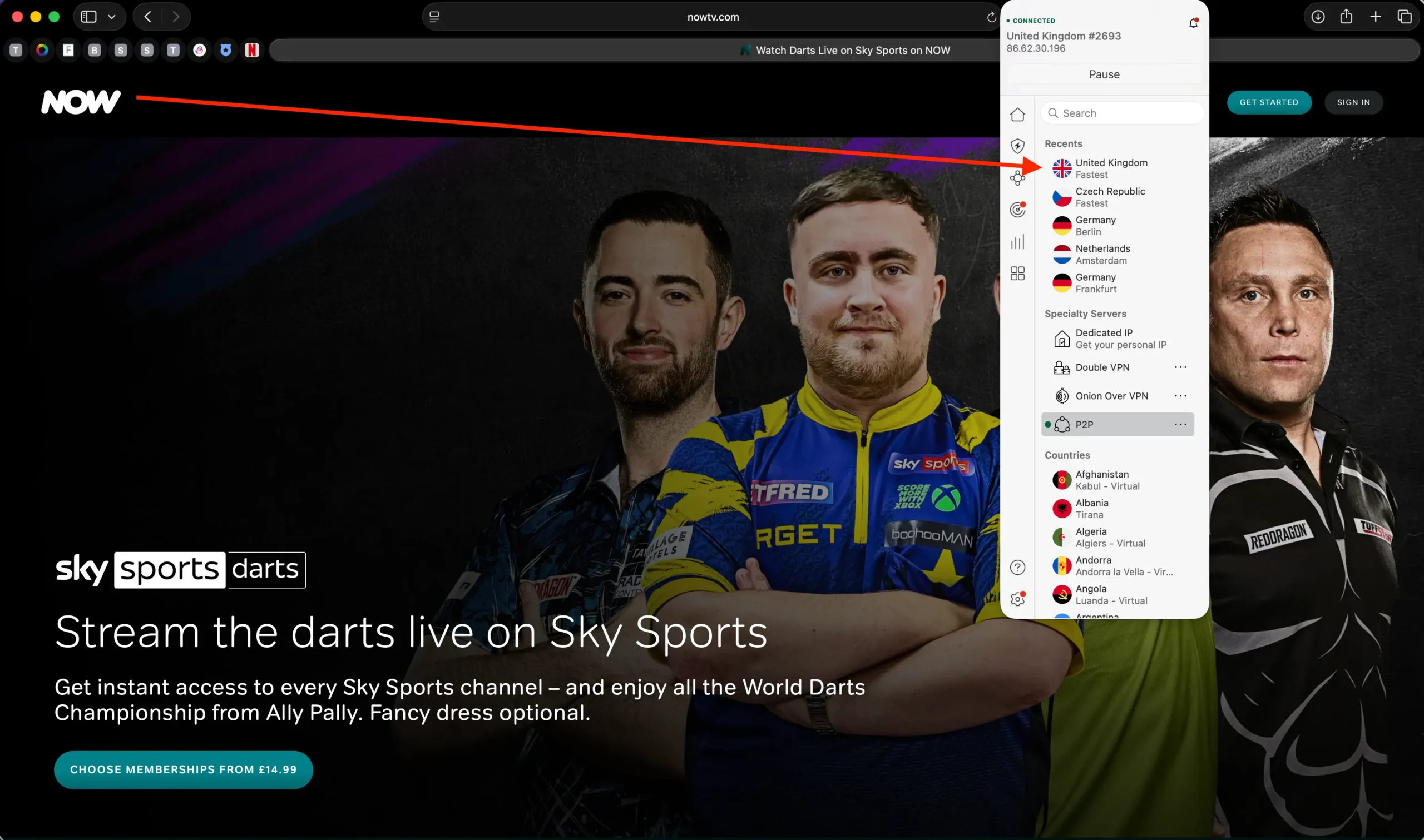 NOW TV with NordVPN connect to UK server | Venclikovi.com NOW TV homepage with Sky Sports Darts banner visible, accessed using NordVPN connected to a UK server.