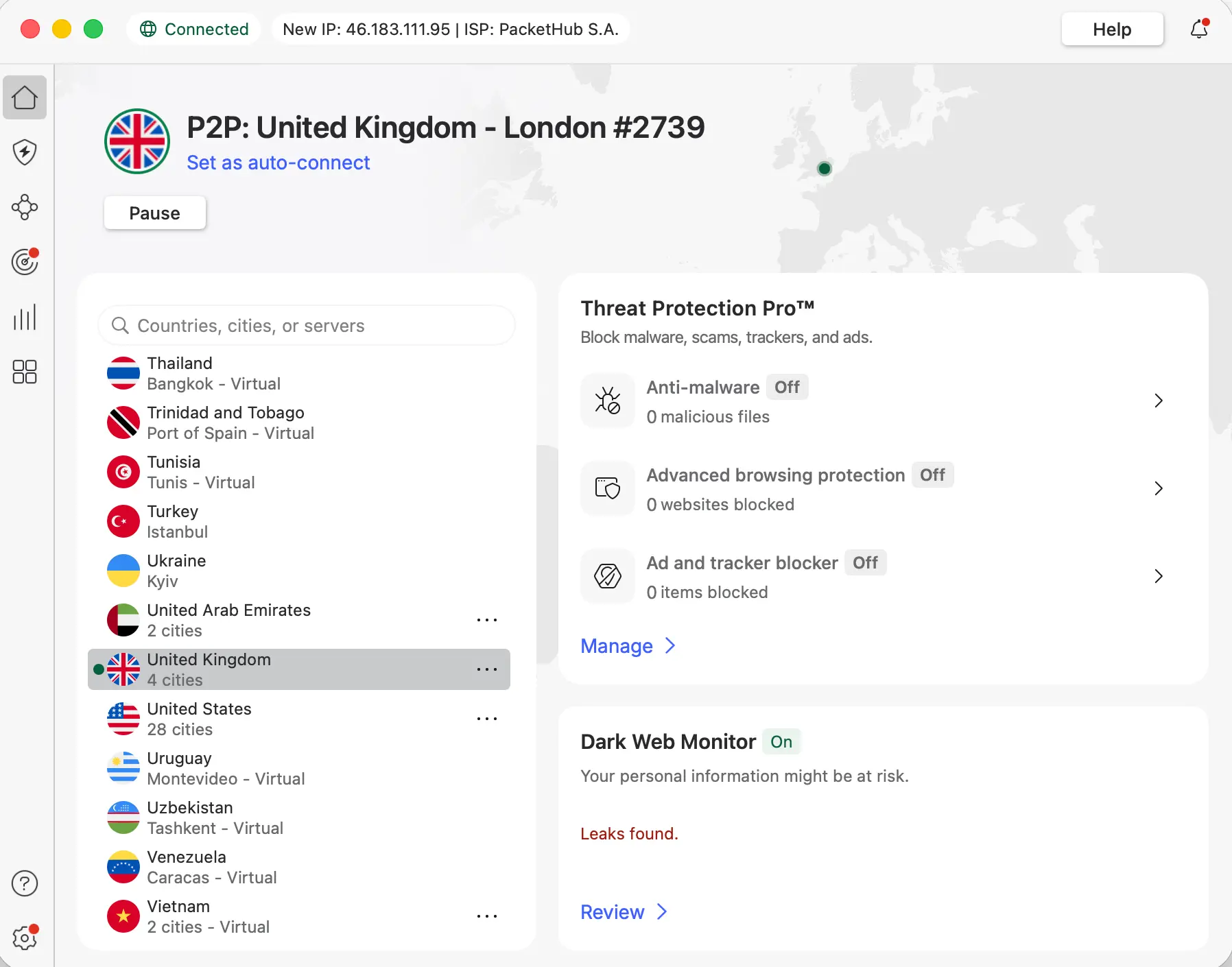 NordVPN | Venclikovi.com NordVPN app showing active connection to London server #2739 in the United Kingdom — used to unlock NOW TV and stream the World Darts Championship abroad.