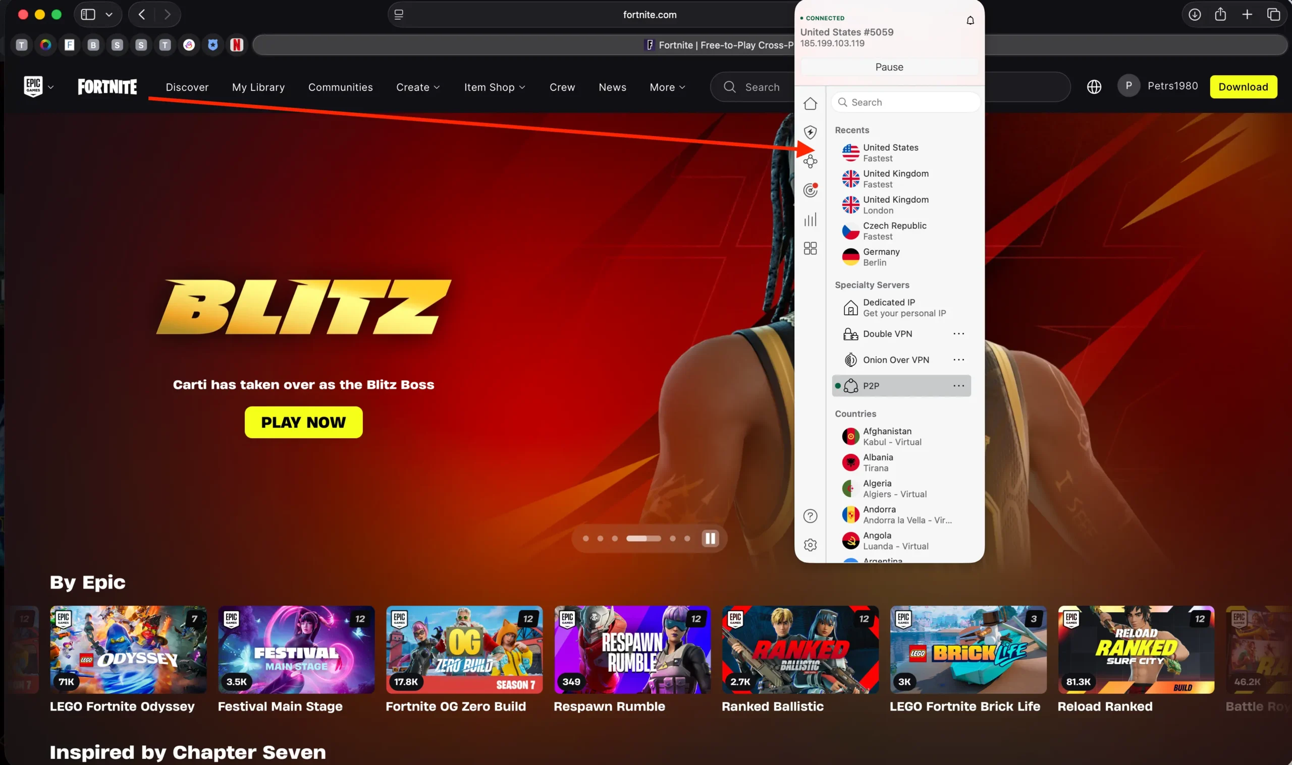 NordVPN Fortnite | Venclikovi.com Fortnite homepage with NordVPN connected to United States server