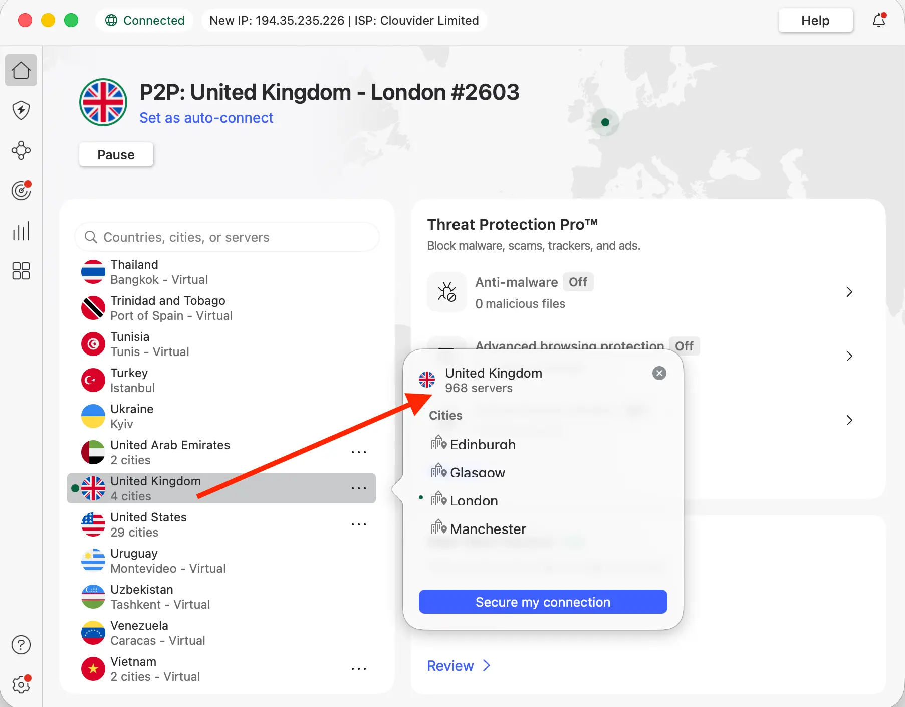 NordVPN connect to UK | Venclikovi.com NordVPN connected to a UK server with IP assigned in London, showing 968 available servers across major cities like Edinburgh, Glasgow, London, and Manchester