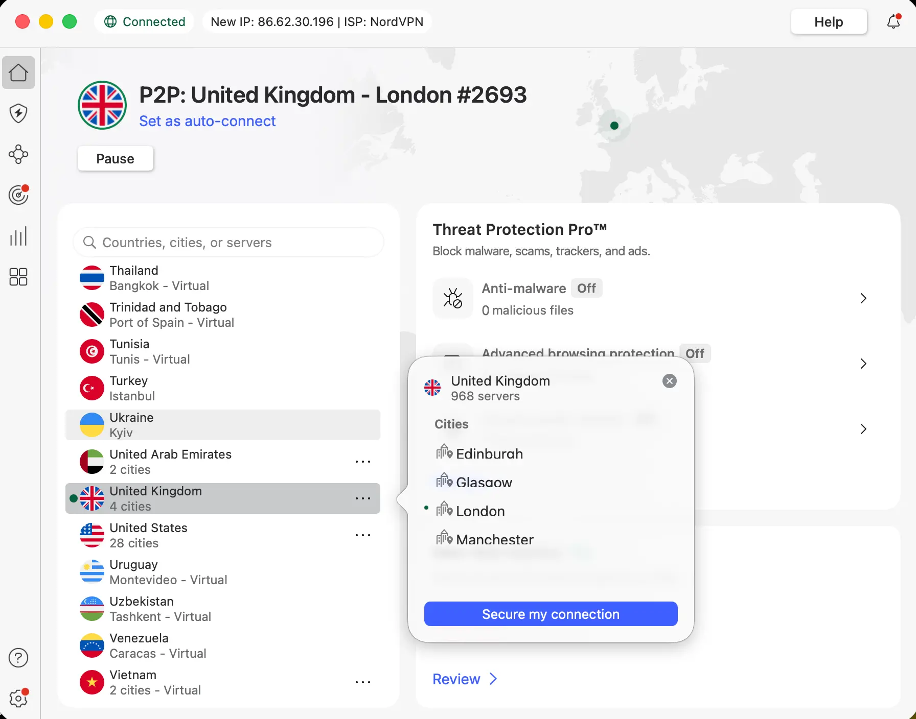 NordVPN connect to UK | Venclikovi.com NordVPN app connected to a UK server, showing city-level options like London, Manchester, and Glasgow — essential for accessing NOW TV abroad.