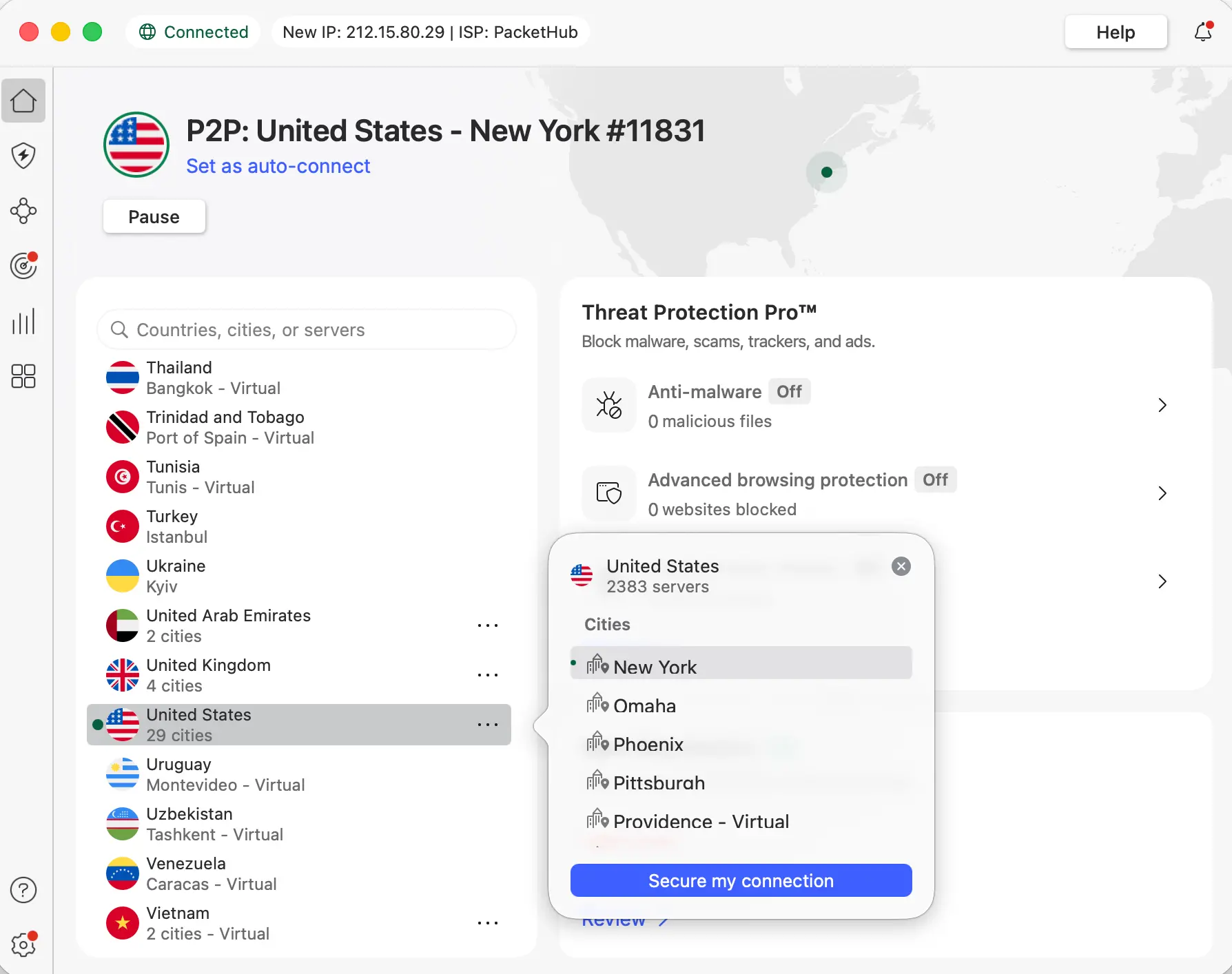 NordVPN connect to US server NY | Venclikovi.com VPN interface showing NordVPN connected to a US server in New York, ideal for accessing international streams.