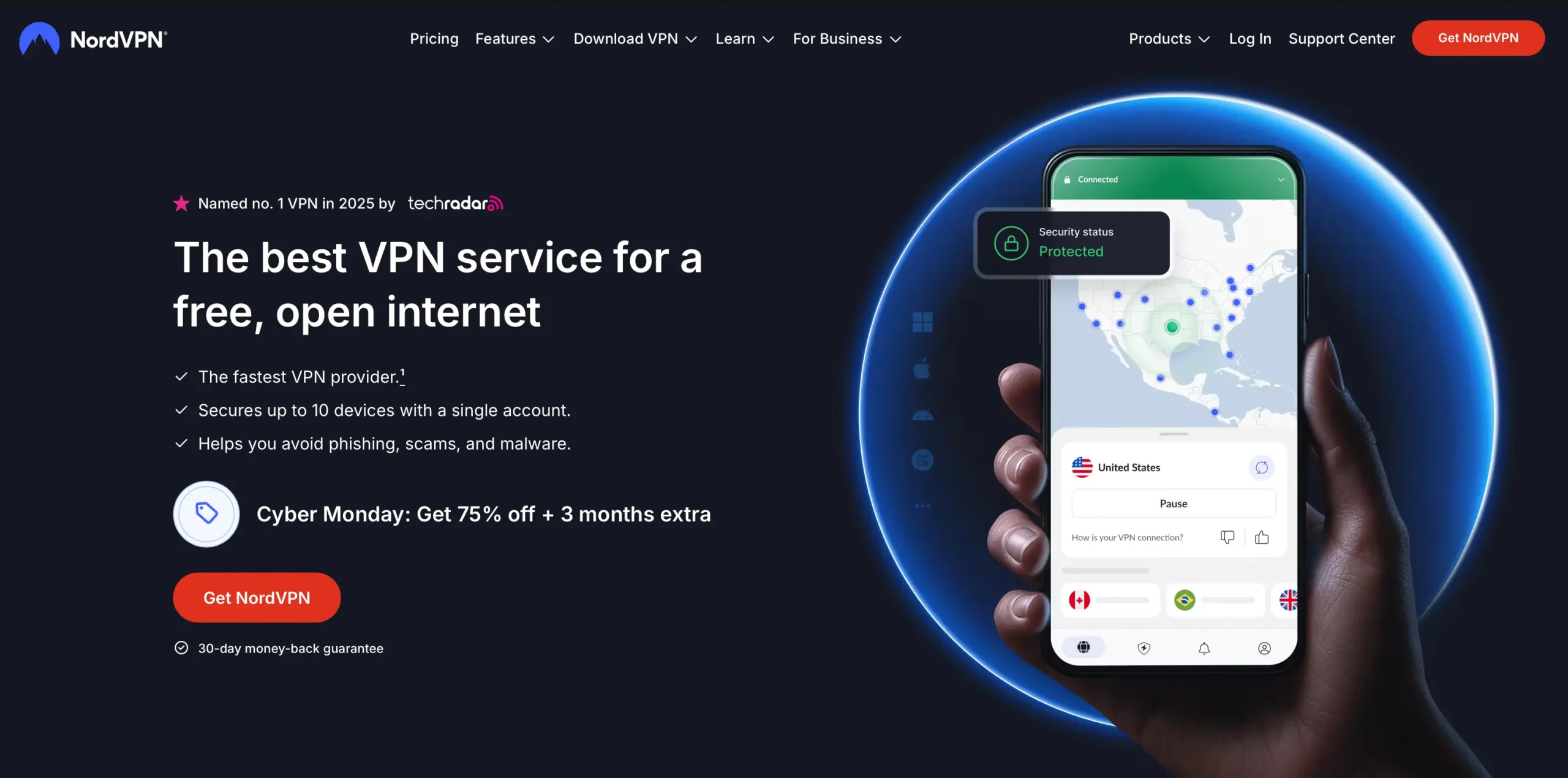 NordVPN | Venclikovi.com NordVPN mobile app interface showing a secure connection to the United States and a limited-time Cyber Monday deal with 75% off.