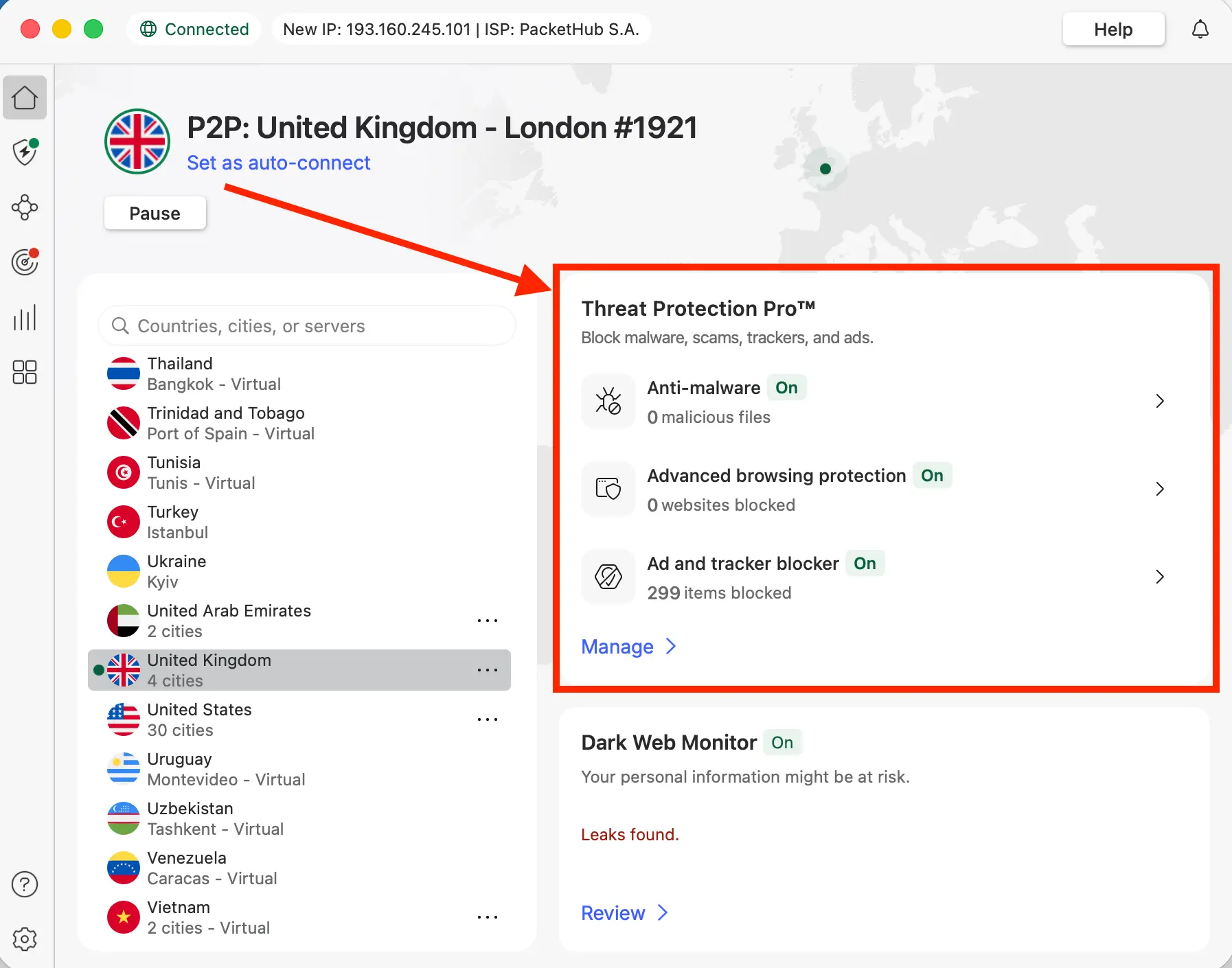 NordVPN with ON Threat Protection Pro | Venclikovi.com Screenshot of NordVPN desktop app with Threat Protection Pro activated, showing ad blocker, anti-malware, and tracker blocker enabled while connected to a UK server.