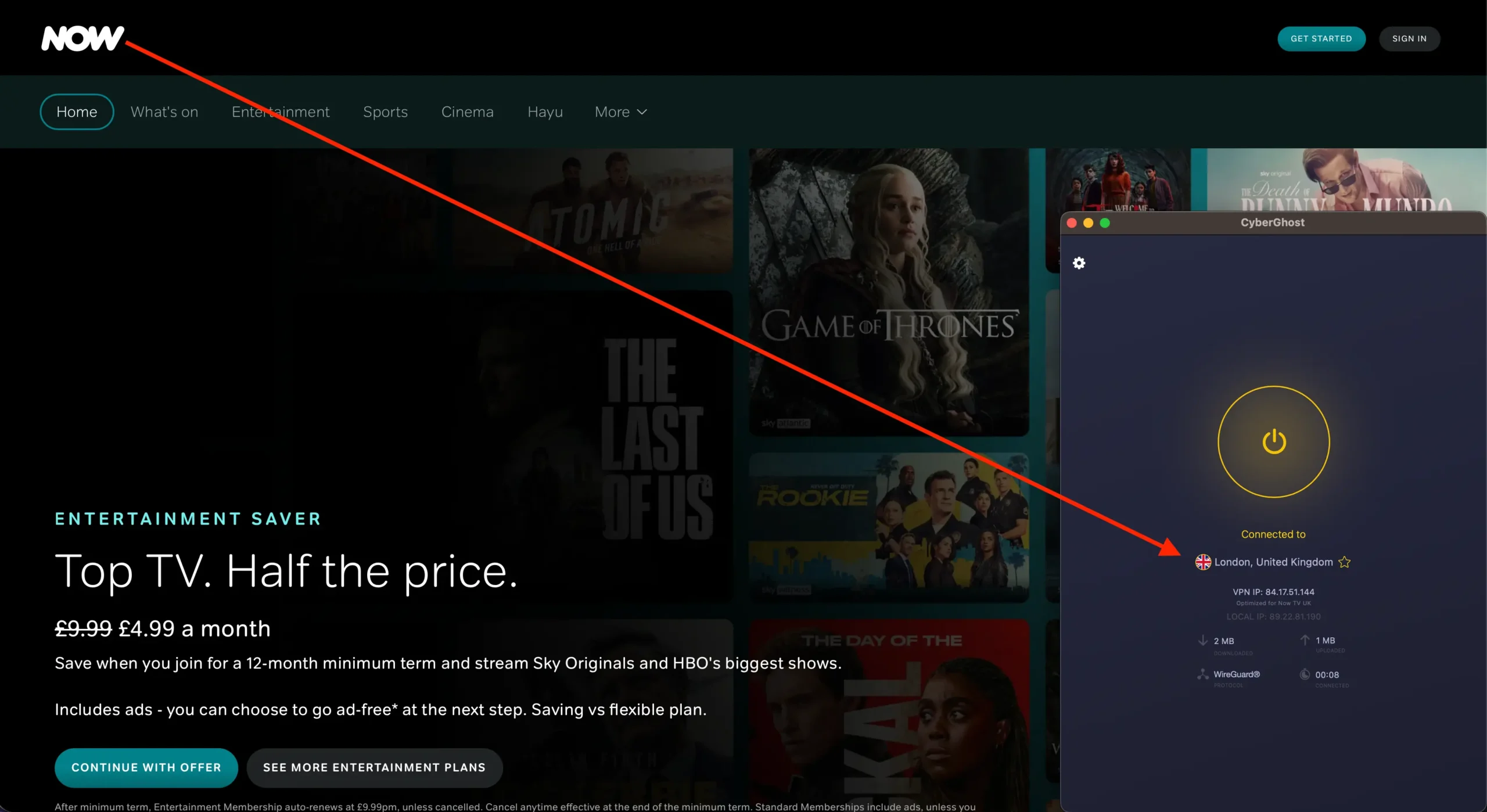 Now TV UK with CyberGhost | Venclikovi.com NOW TV streaming unlocked using CyberGhost VPN connected to London server with WireGuard protocol.