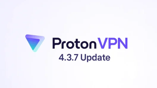 ProtonVPN logo on a clean purple gradient background with the text “4.3.7 Update” centered, used as the main visual for an article about the new ProtonVPN features and improvements.