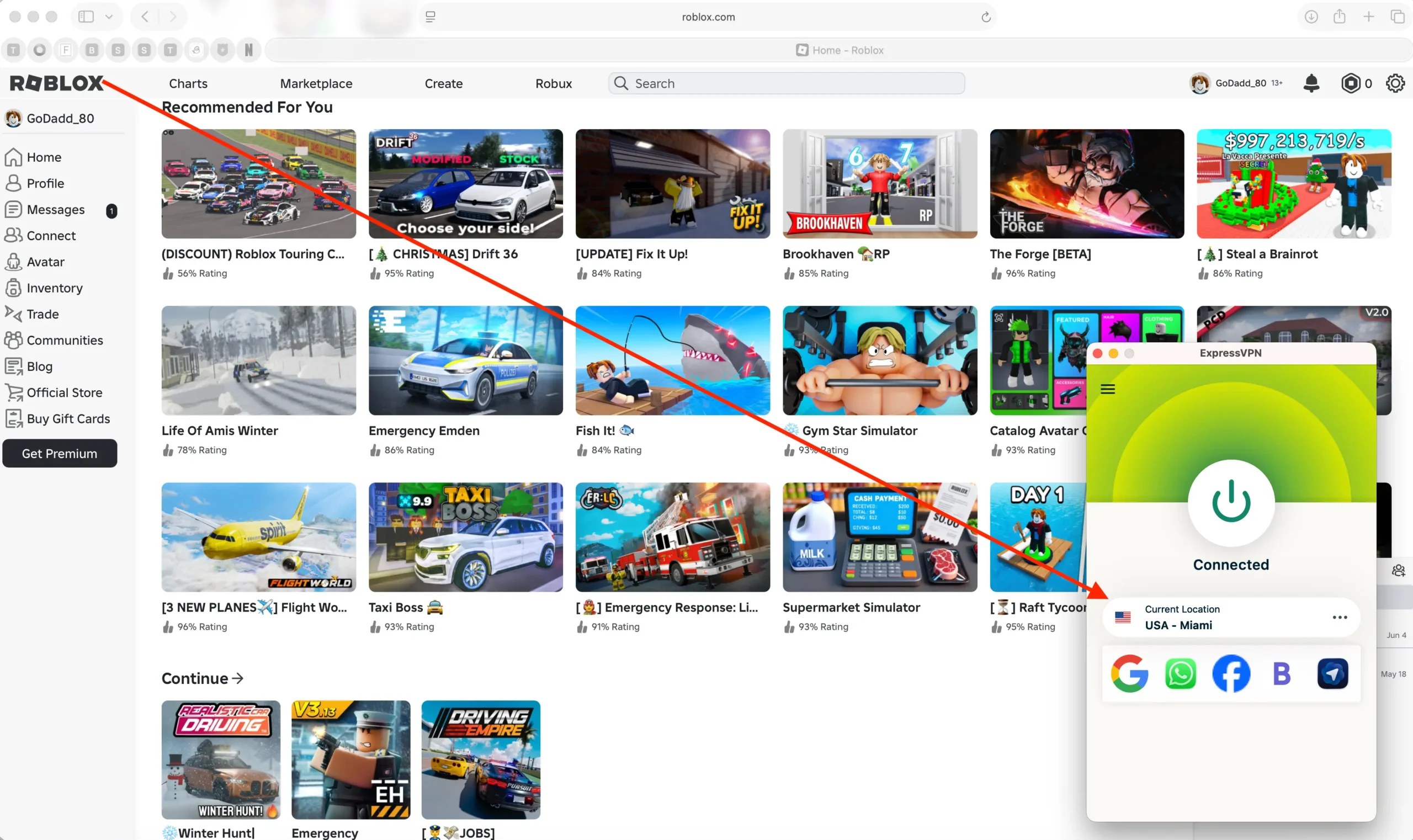 Roblox ExpressVPN | Venclikovi.com Roblox homepage displayed while ExpressVPN is connected to USA