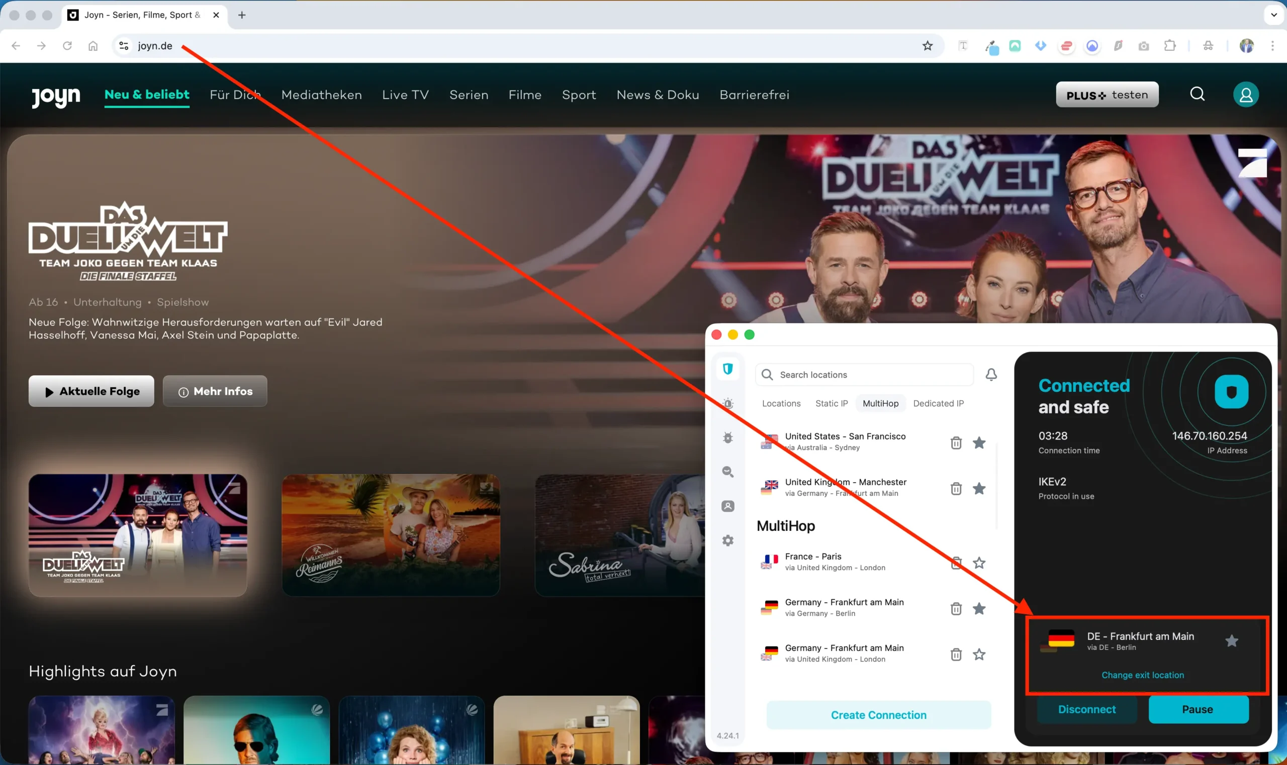 Streaming Joyn via Surfshark connected to Frankfurt | Venclikovi.com Joyn.de streaming platform accessed via Surfshark VPN connected to a German server in Frankfurt
