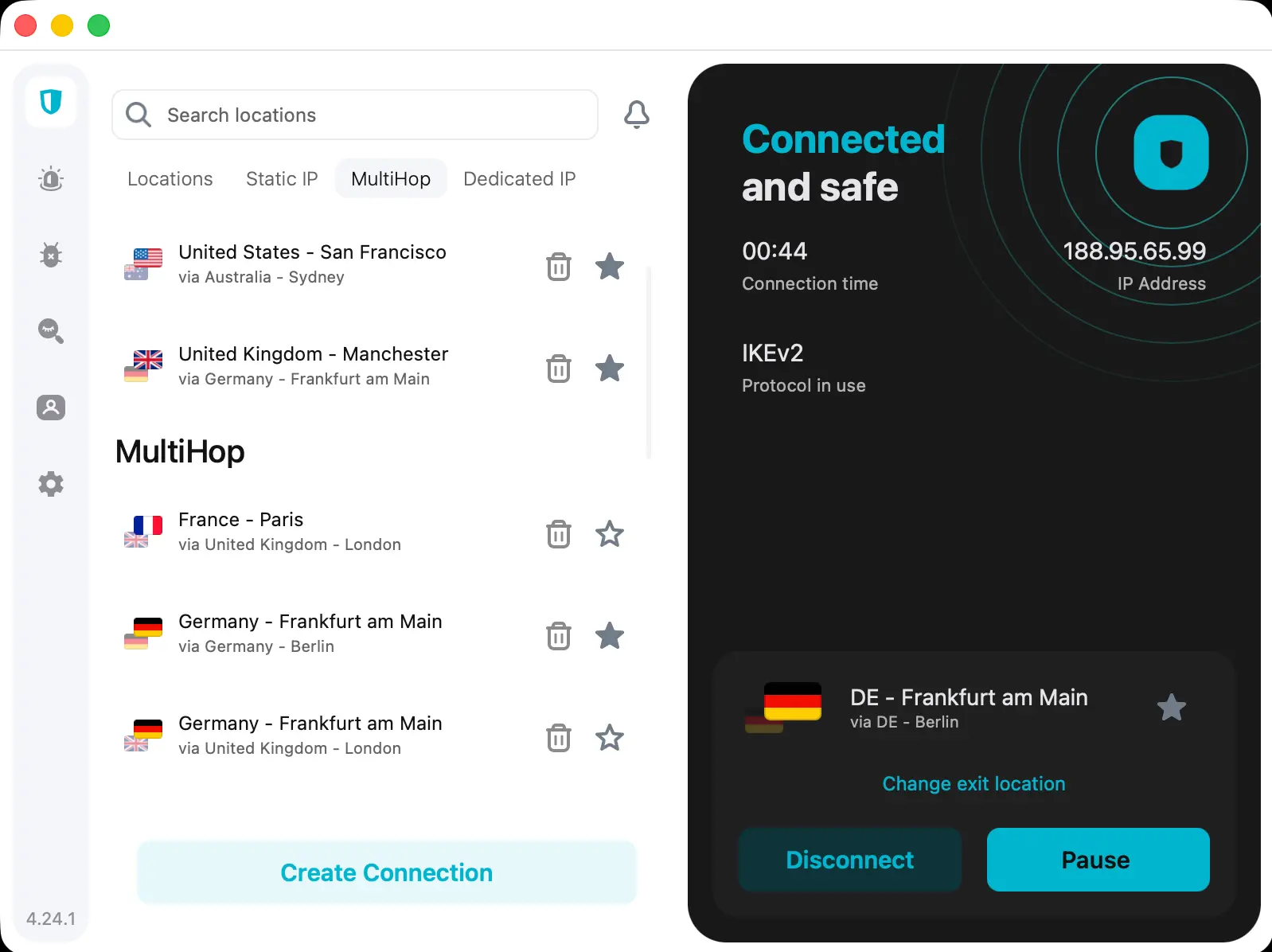 SurfShark VPN MultiHop connect to German Server | Venclikovi.com Surfshark VPN MultiHop mode showing active German exit node in Frankfurt am Main