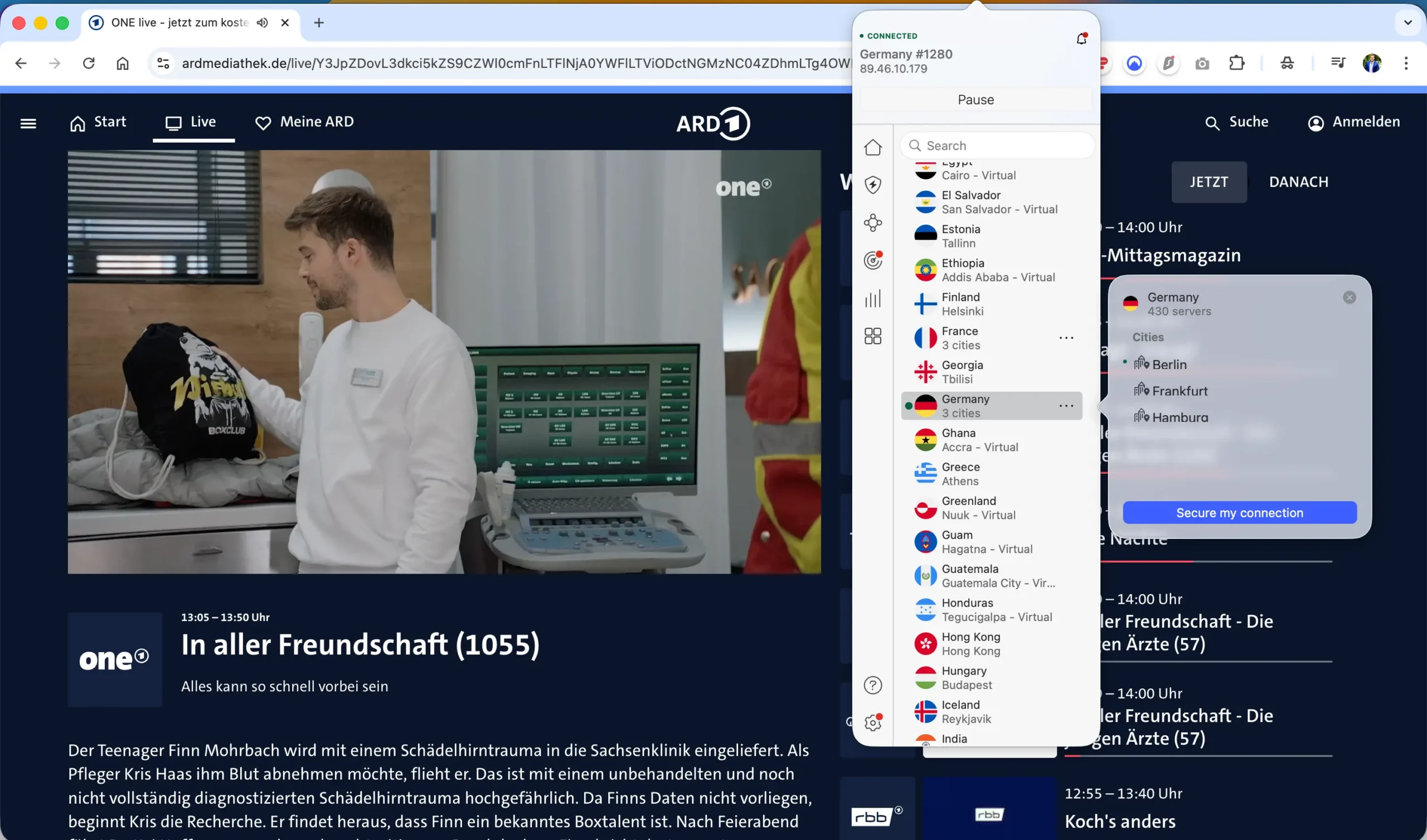 Unblock ARD ONE with NordVPN - Connect to Germany servers | Venclikovi.com Unblocking ARD Mediathek with NordVPN while streaming In aller Freundschaft (1055)