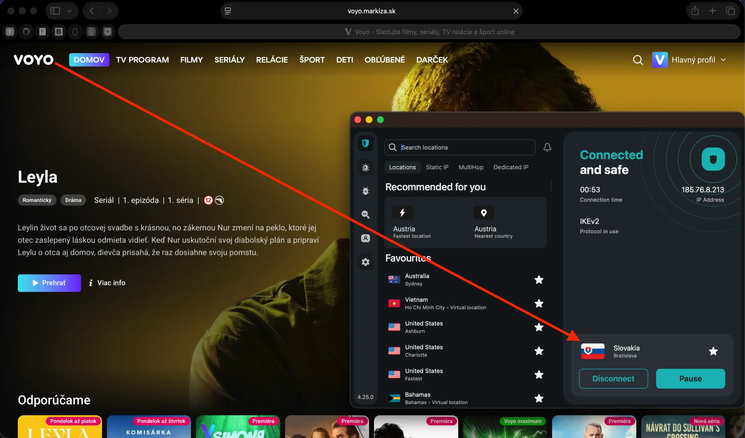 VOYO SK watch with SurfShark | Venclikovi.com VOYO SK homepage streaming successfully while Surfshark is connected to a Slovakia VPN server.