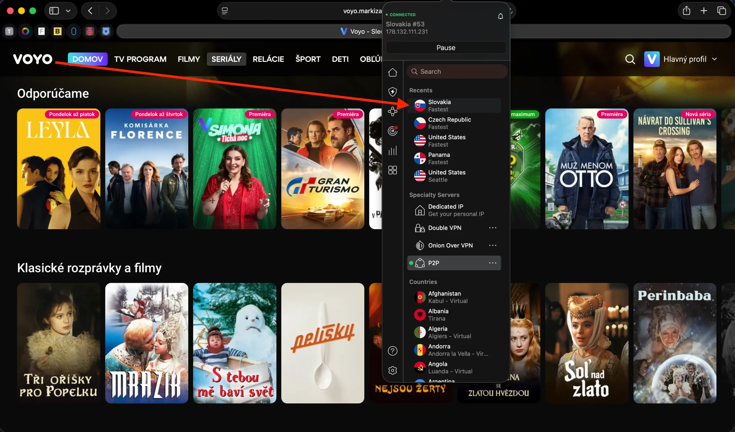 VOYO SK with NordVPN | Venclikovi.com VOYO SK streaming platform accessed from abroad using NordVPN connected to Slovakia.