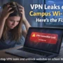 Student frustrated with VPN disconnection on campus Wi-Fi, laptop shows "VPN Connection Lost" error during browsing
