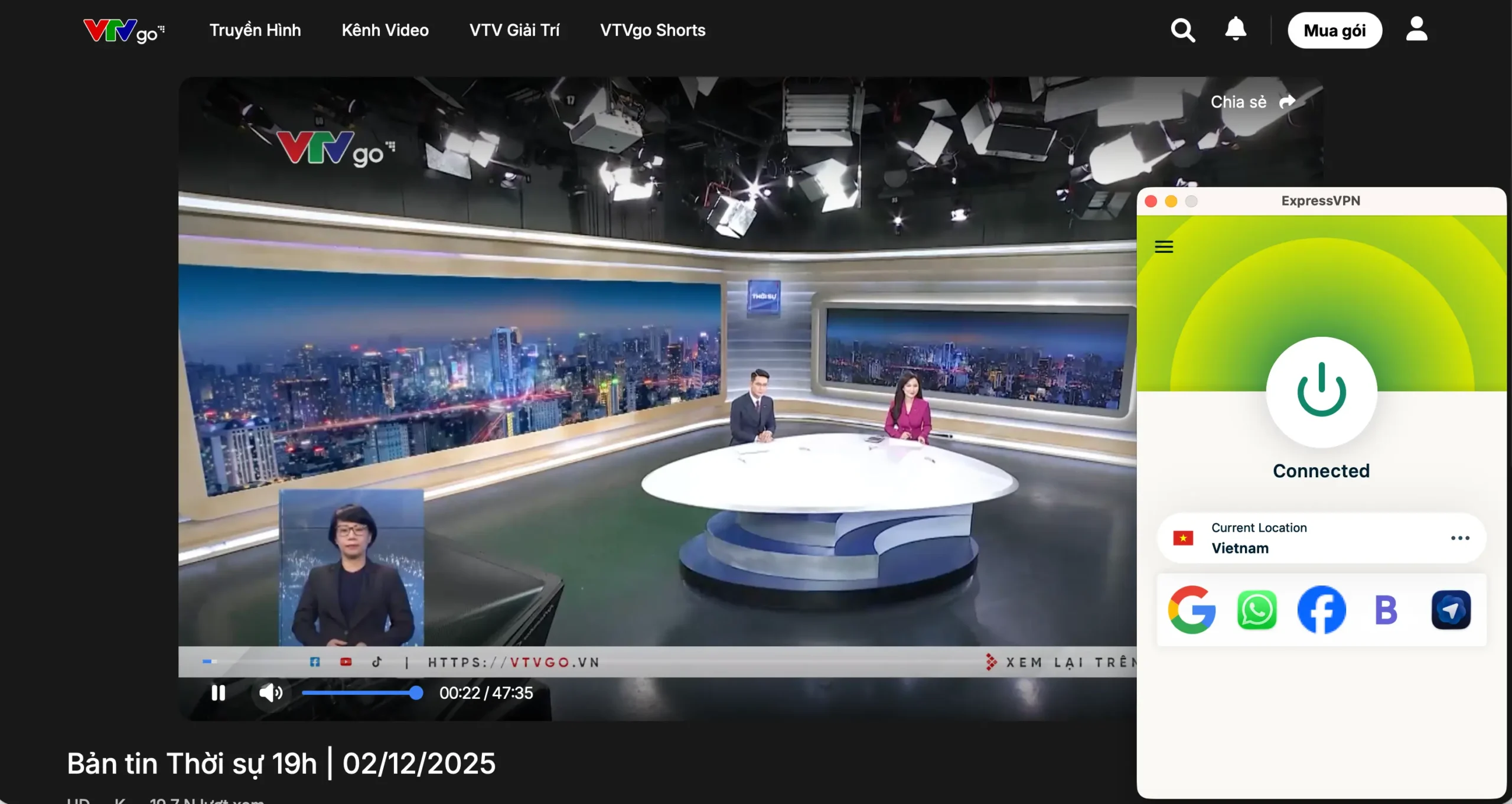 VTV Go news watch with ExpressVPN | Venclikovi.com VTV Go news broadcast streaming from abroad via ExpressVPN connected to Vietnam