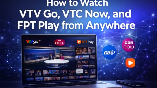 Streaming guide image showing how to watch VTV Go, VTC Now, and FPT Play from anywhere, with illustrated devices, logos, and a VPN security shield for safe access.