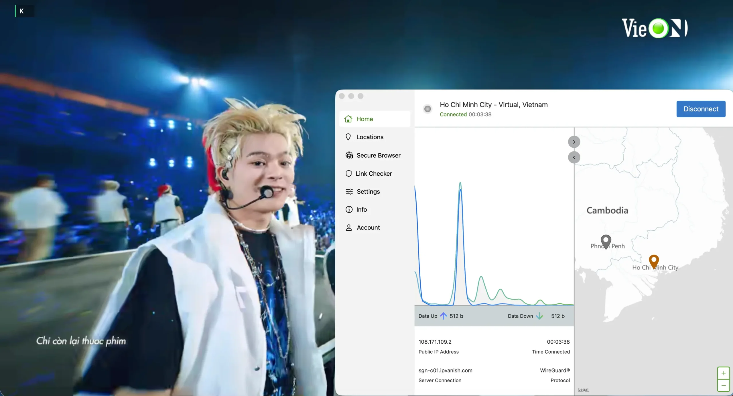 Watching VieON concert with IPVanish VPN connected to Ho Chi Minh City server | Venclikovi.com VieON concert streaming from abroad while connected via IPVanish VPN to Ho Chi Minh server