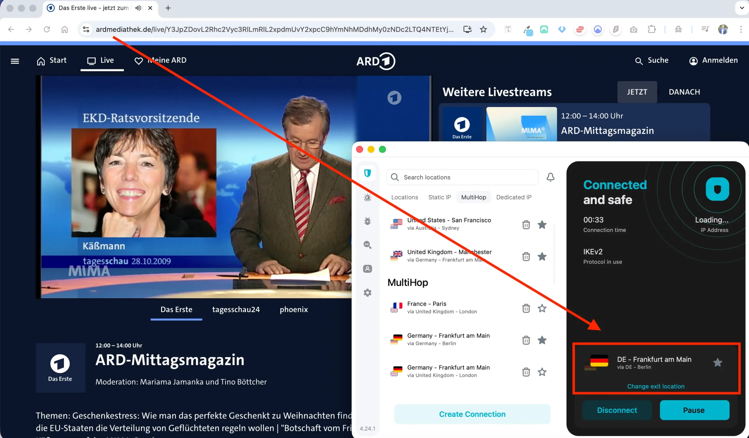 ard-vpn-detected-switch-german-server | Venclikovi.com ARD livestream unblocked after switching to a German Frankfurt VPN server using MultiHop.