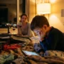 Boy using tablet on hotel bed while mother watches, unsecured hotel Wi-Fi risks for kids