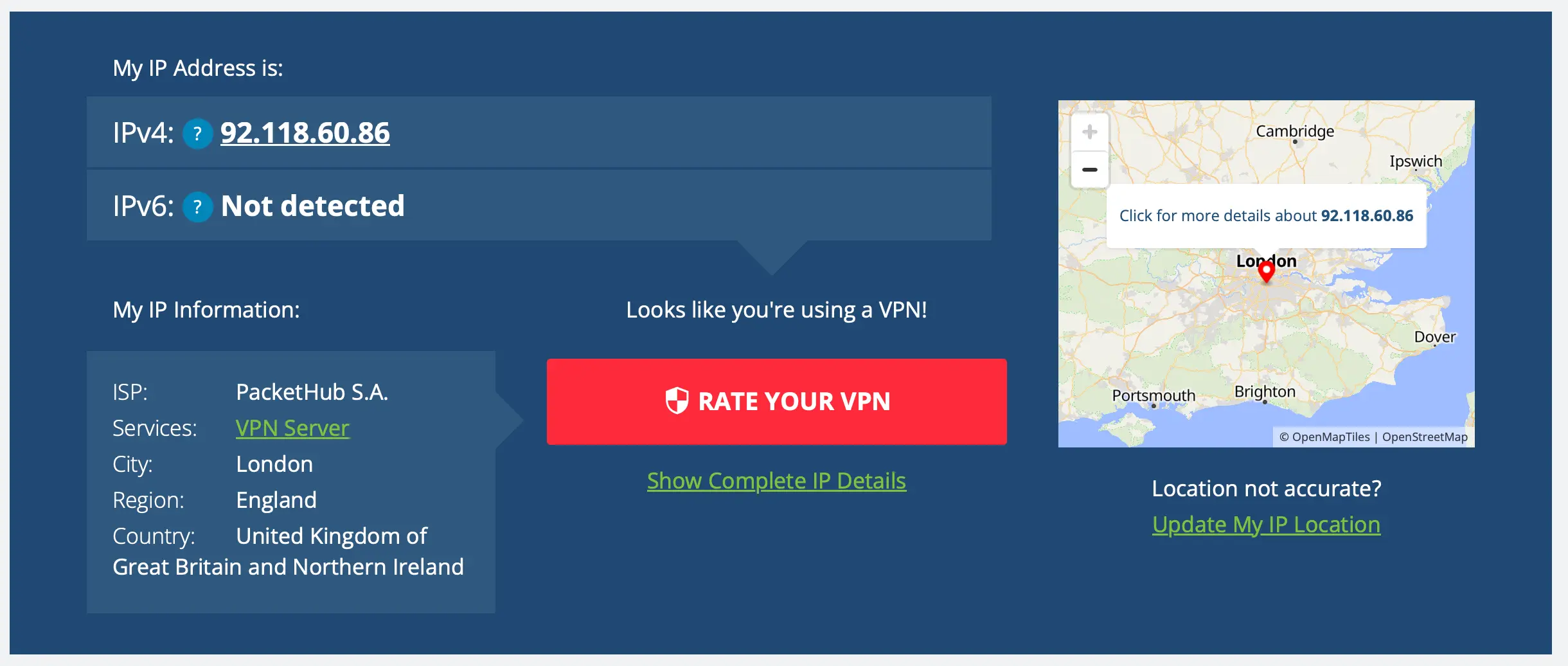 my-ip-location-london-vpn | Venclikovi.com IP location check showing London, United Kingdom as current VPN server location.